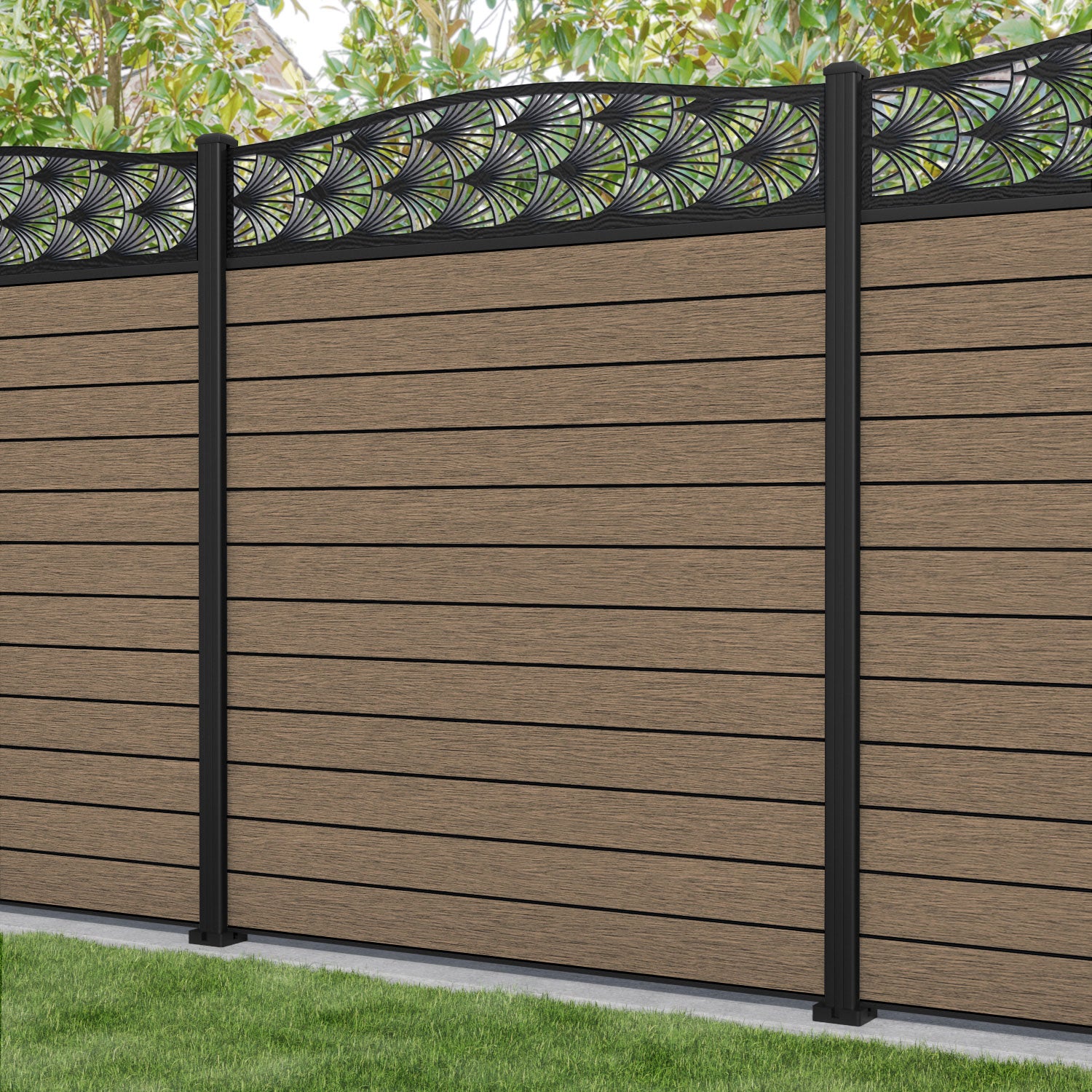 Fusion Laurel Curved Top Fence Panel - Teak - with our aluminium posts