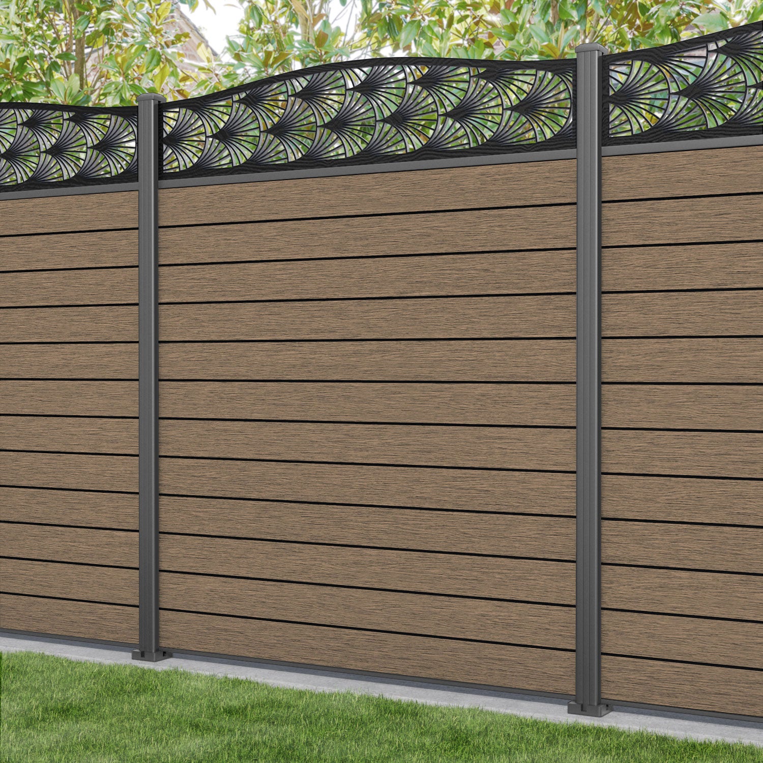 Fusion Laurel Curved Top Fence Panel - Teak - with our aluminium posts