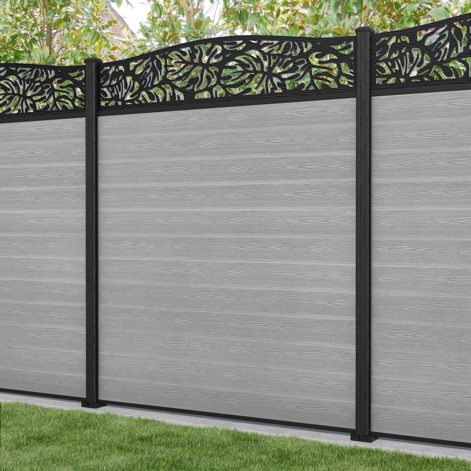 Classic Botanic Curved Top Fence Panel - Light Grey - with our composite posts