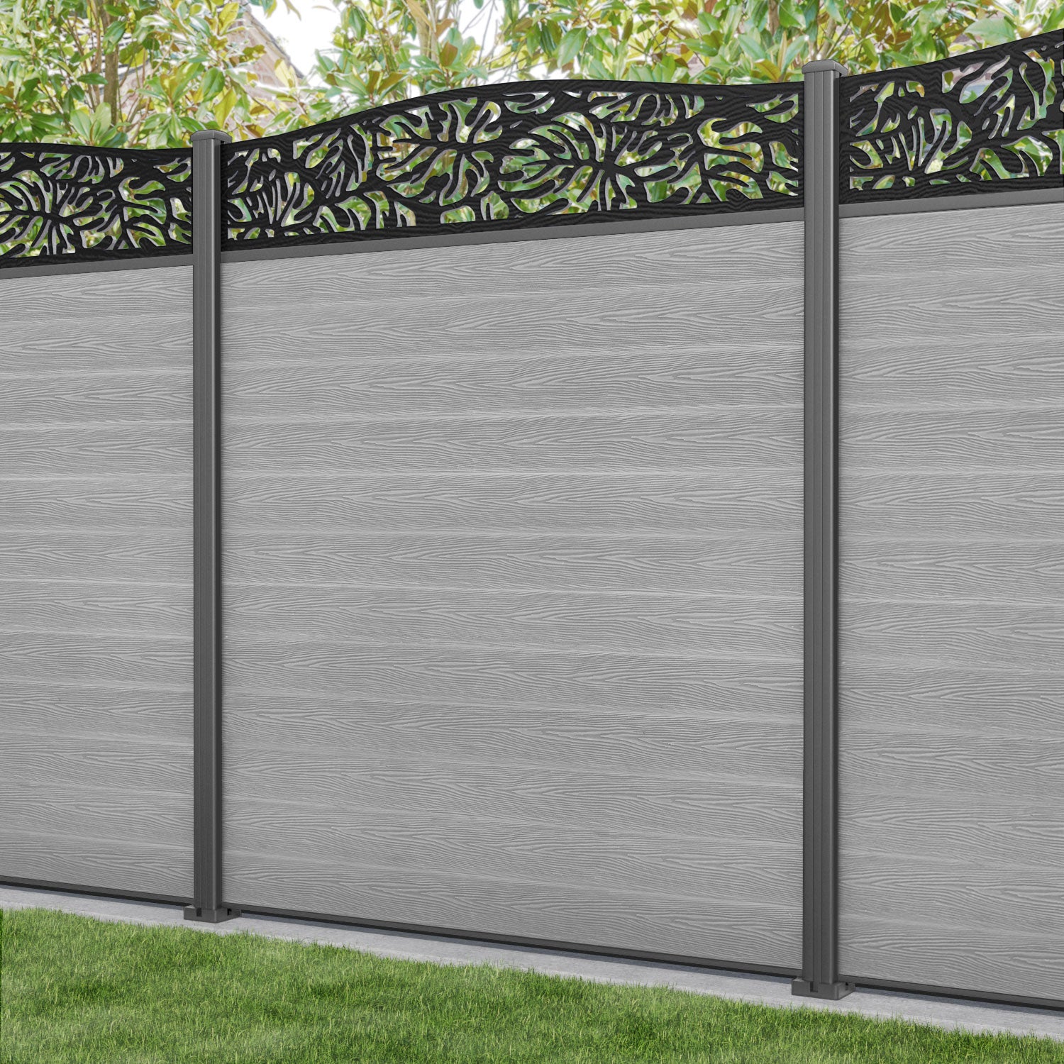 Classic Botanic Curved Top Fence Panel - Light Grey - with our aluminium posts