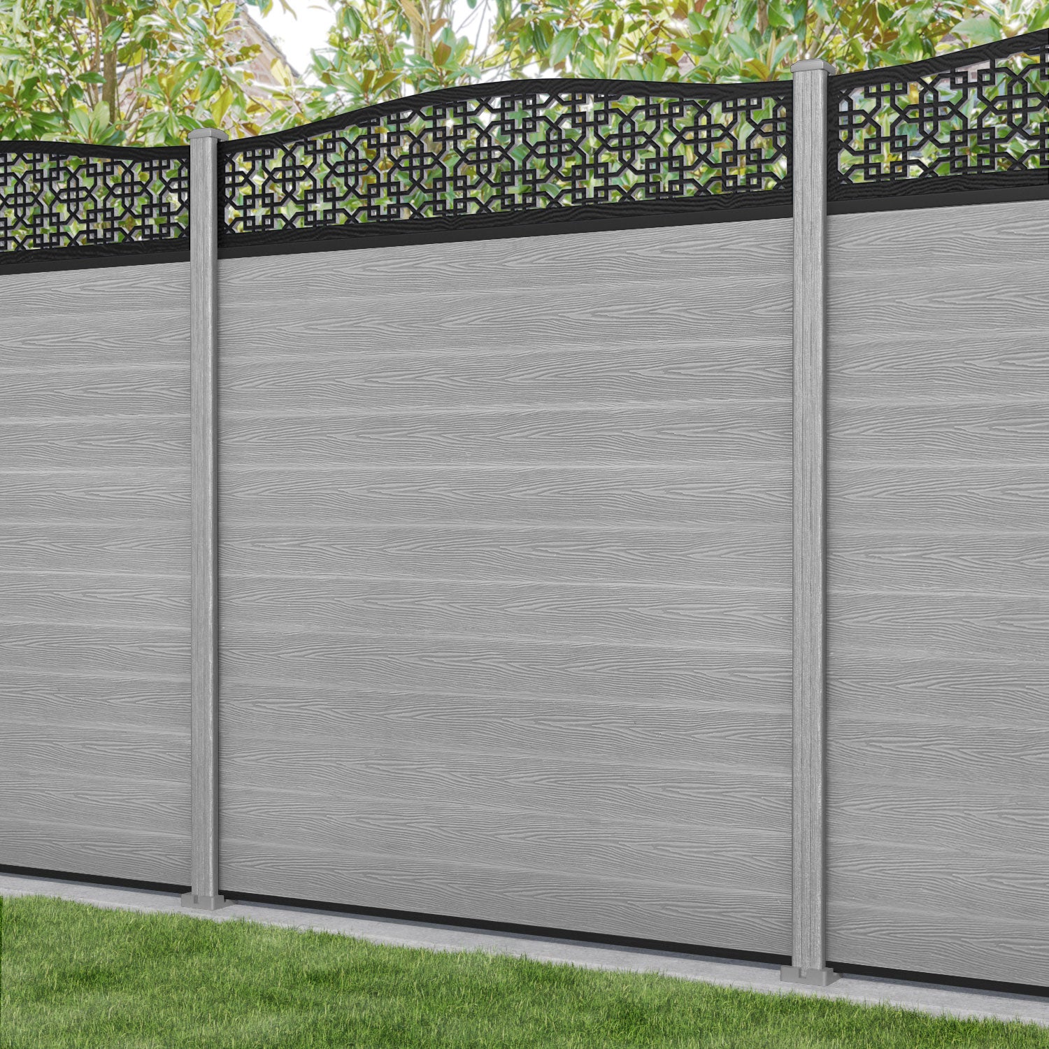 Classic Zaria Curved Top Fence Panel - Light Grey - with our composite posts