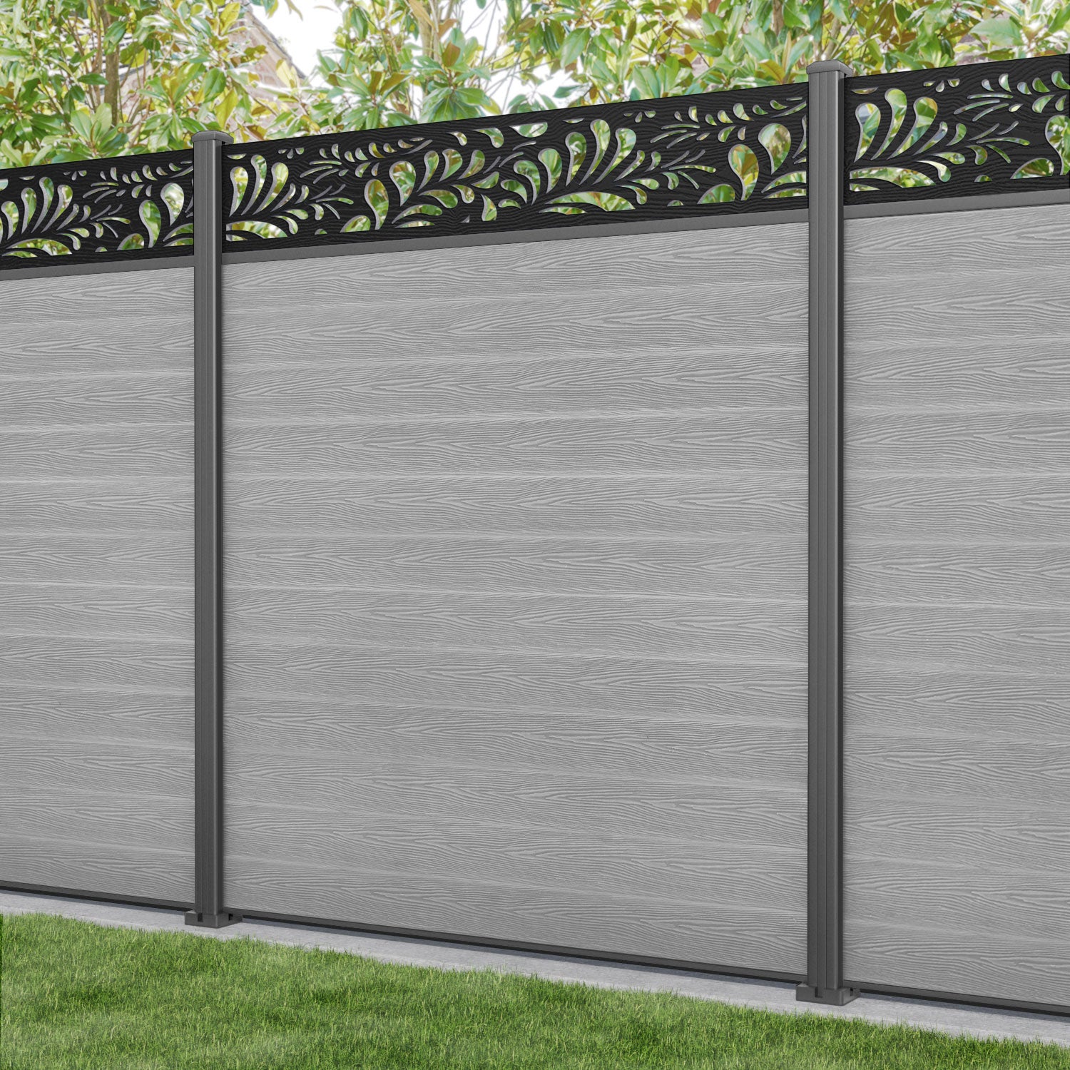 Classic Petal Fence Panel - Light Grey - with our aluminium posts