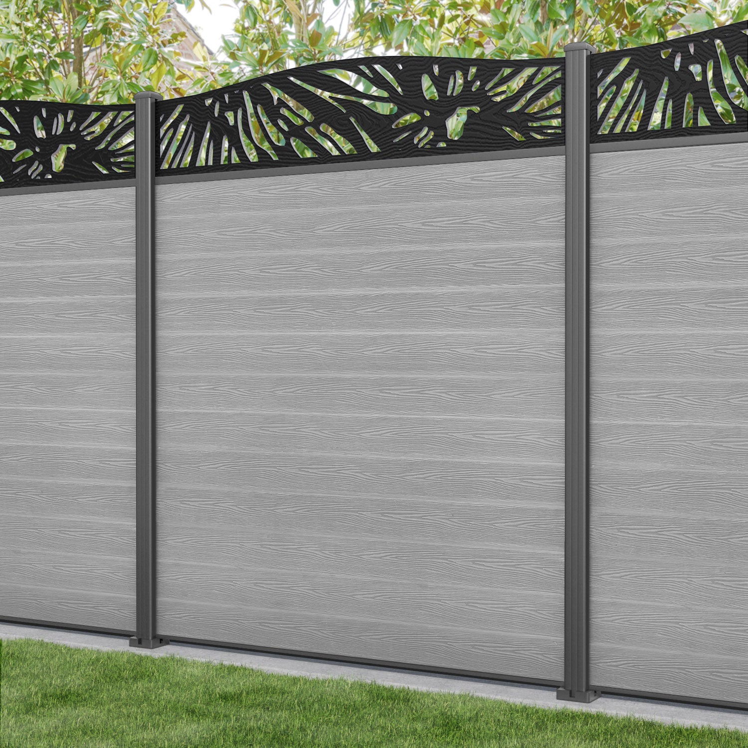 Classic Poppy Curved Top Fence Panel - Light Grey - with our aluminium posts