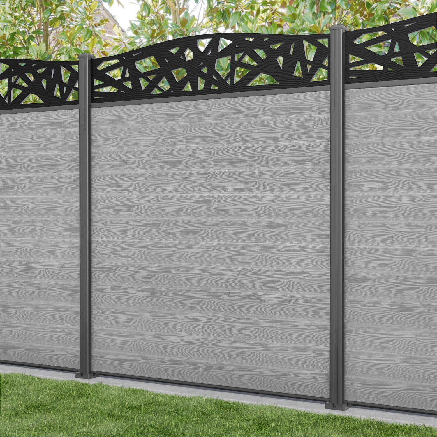 Classic Prism Curved Top Fence Panel - Light Grey - with our aluminium posts