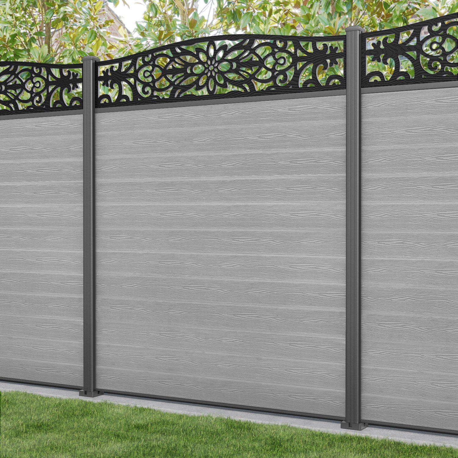 Classic Windsor Curved Top Fence Panel - Light Grey - with our aluminium posts