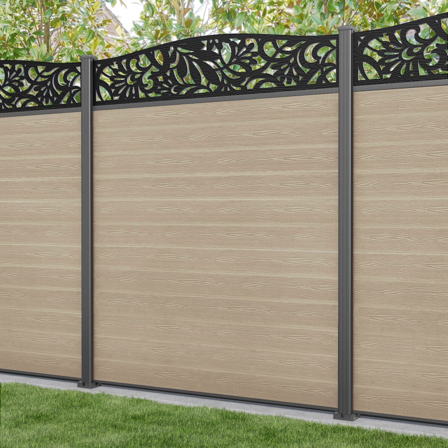 Classic Heritage Curved Top Fence Panel - Light Oak - with our aluminium posts