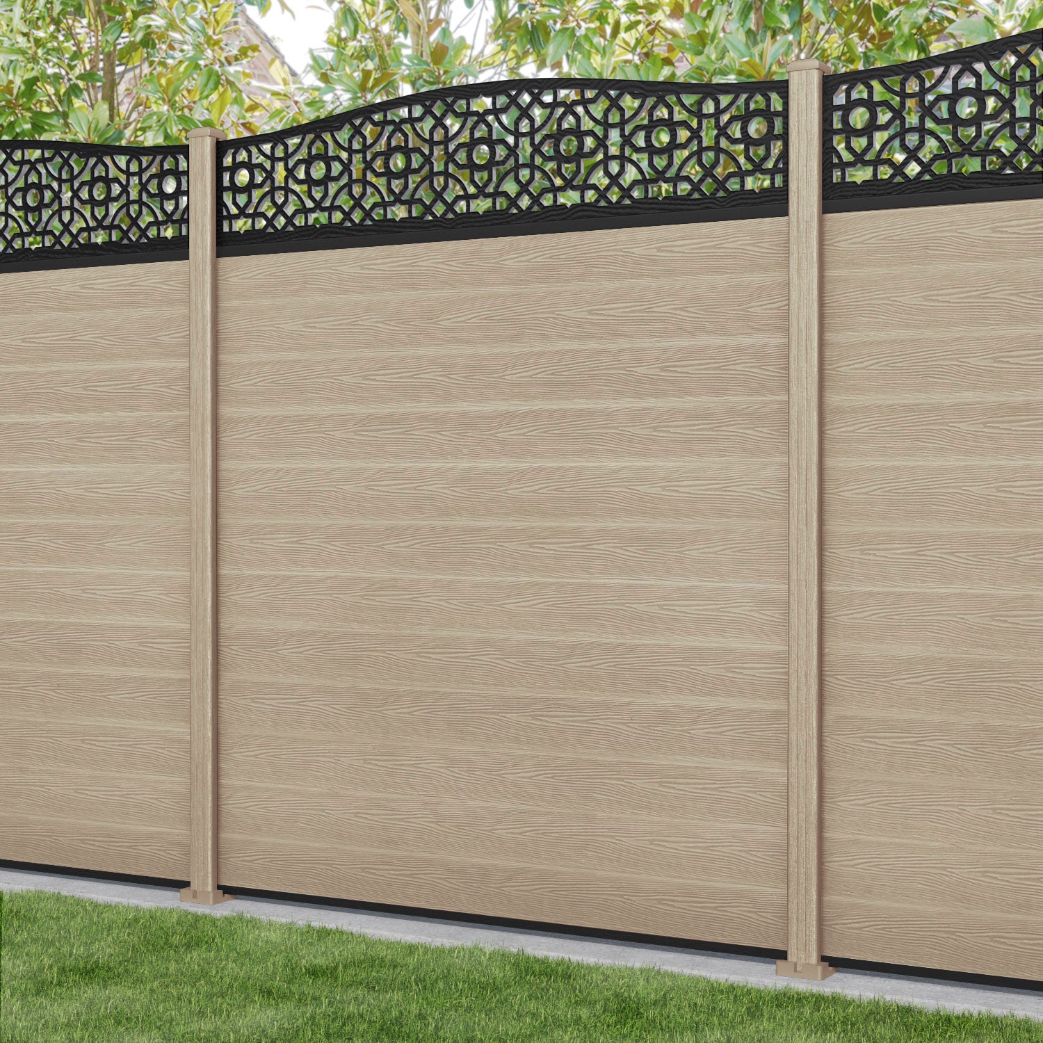Classic Nabila Curved Top Fence Panel - Light Oak - with our composite posts