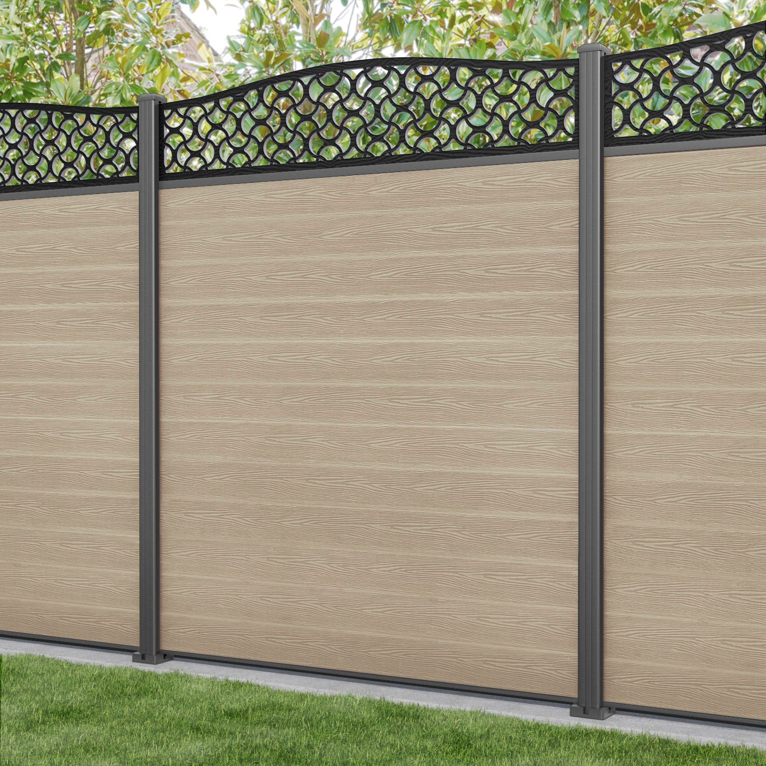 Classic Vida Curved Top Fence Panel - Light Oak - with our aluminium posts