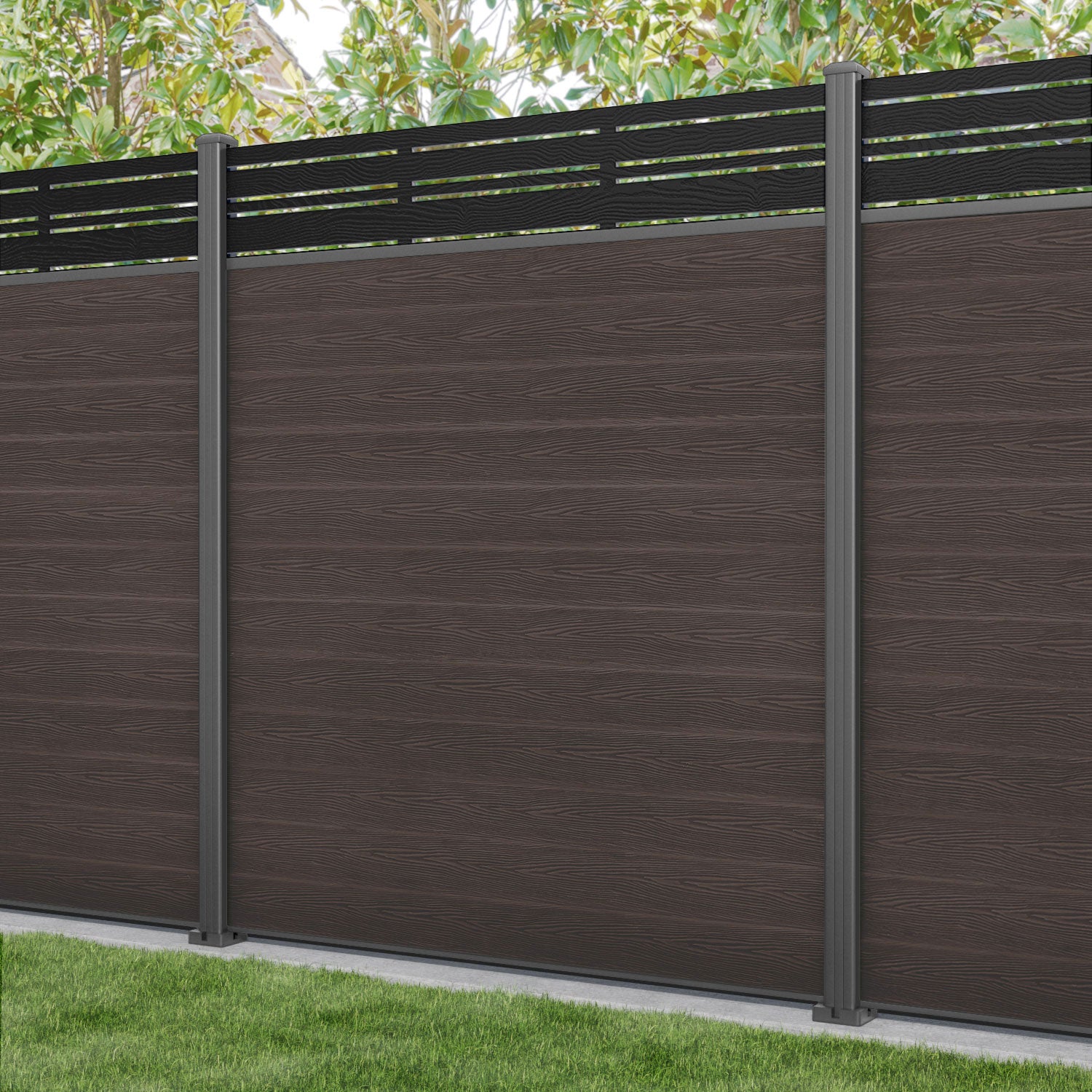Classic Linea Fence Panel - Mid Brown - with our aluminium posts