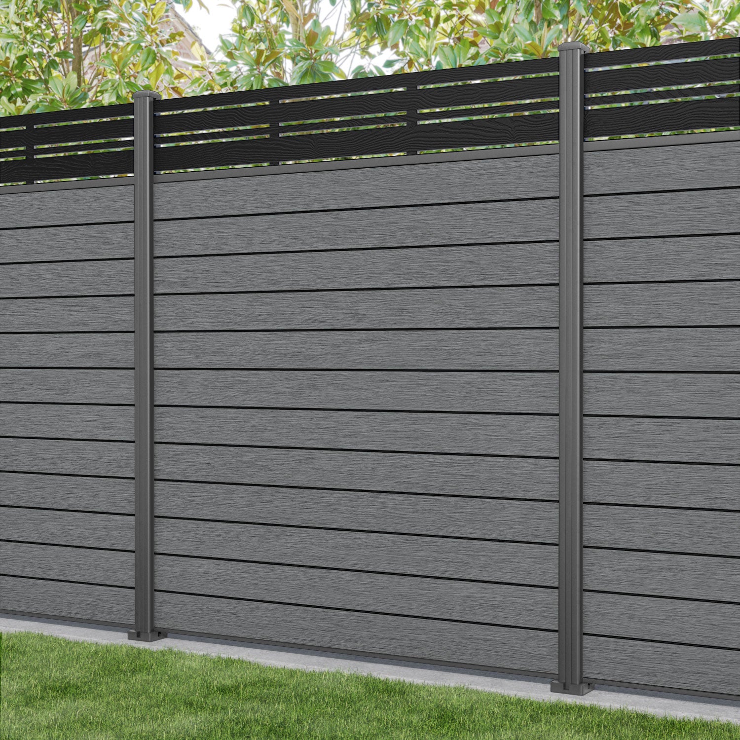 Fusion Linea Fence Panel - Mid Grey - with our aluminium posts