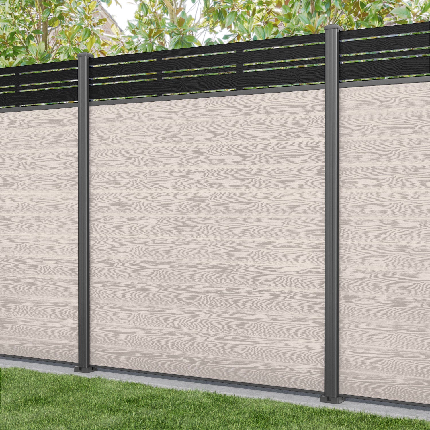 Classic Linea Fence Panel - Mid Stone - with our aluminium posts