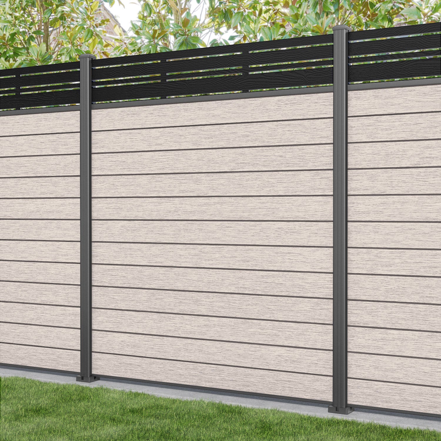 Fusion Linea Fence Panel - Mid Stone - with our aluminium posts