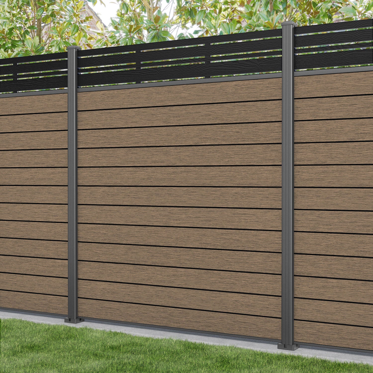 Fusion Linea Fence Panel - Teak - with our aluminium posts