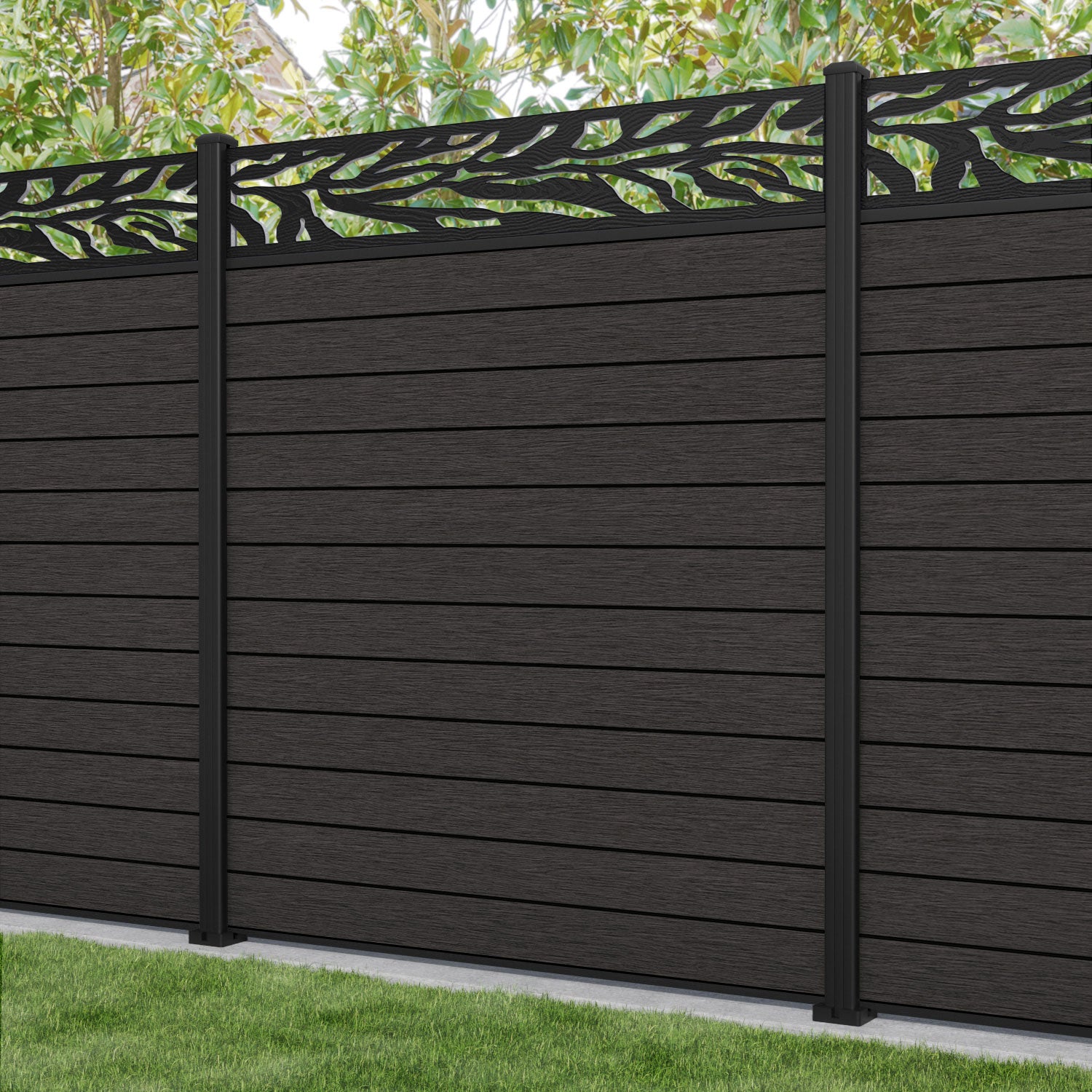 Fusion Malawi Fence Panel - Dark Oak - with our aluminium posts