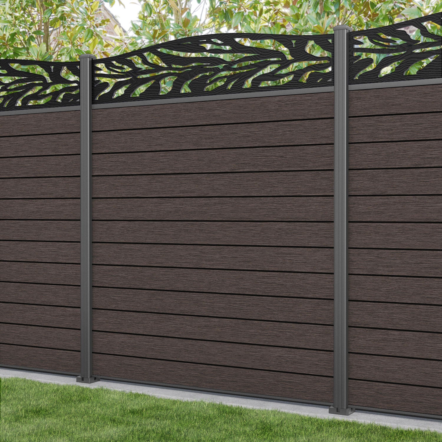 Fusion Malawi Curved Top Fence Panel - Mid Brown - with our aluminium posts