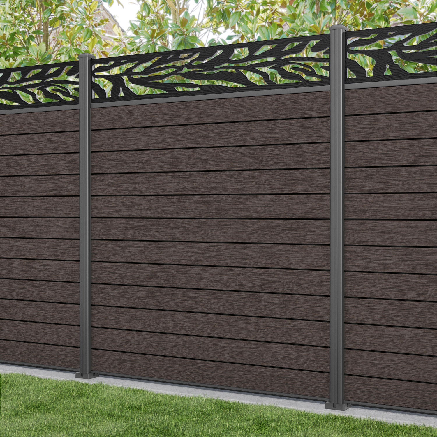 Fusion Malawi Fence Panel - Mid Brown - with our aluminium posts