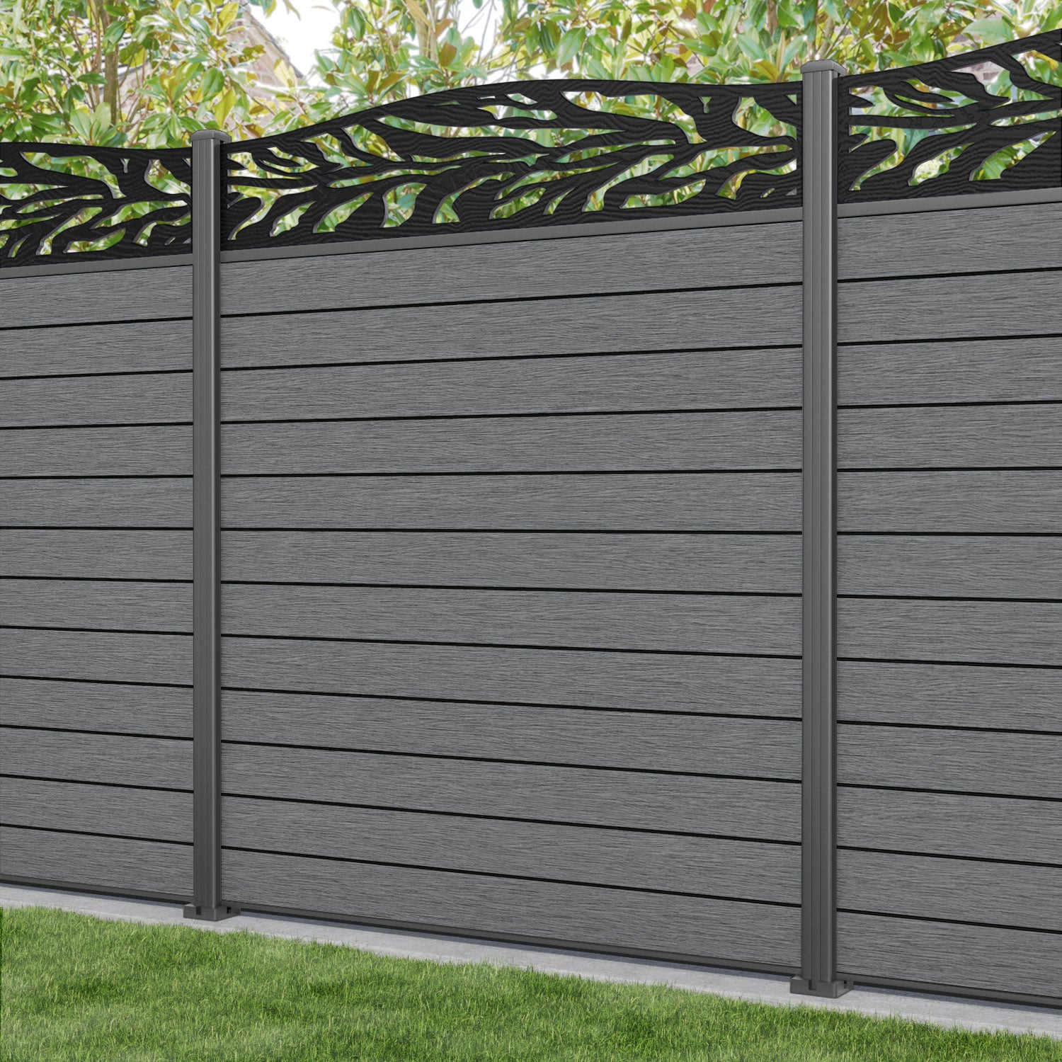 Fusion Malawi Curved Top Fence Panel - Mid Grey - with our aluminium posts