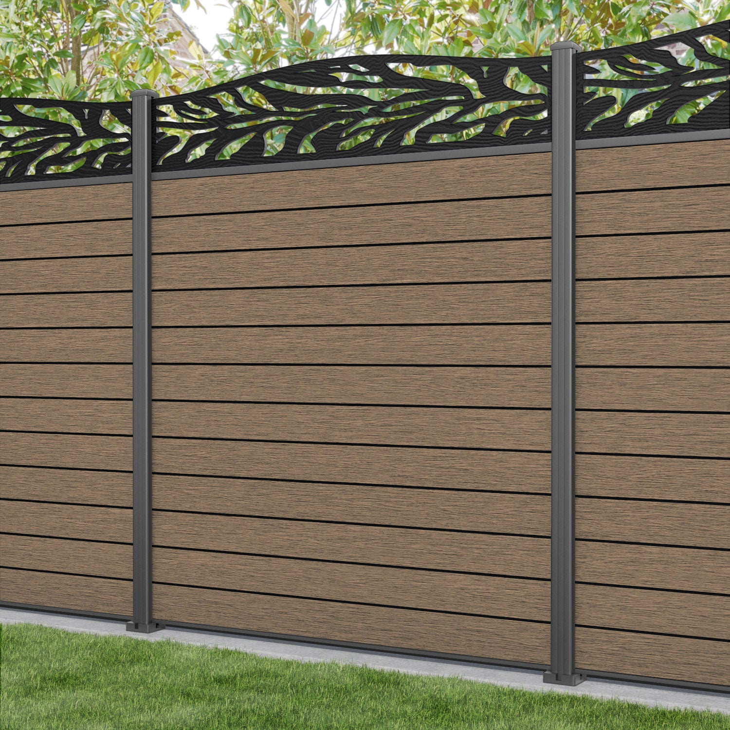 Fusion Malawi Curved Top Fence Panel - Teak - with our aluminium posts