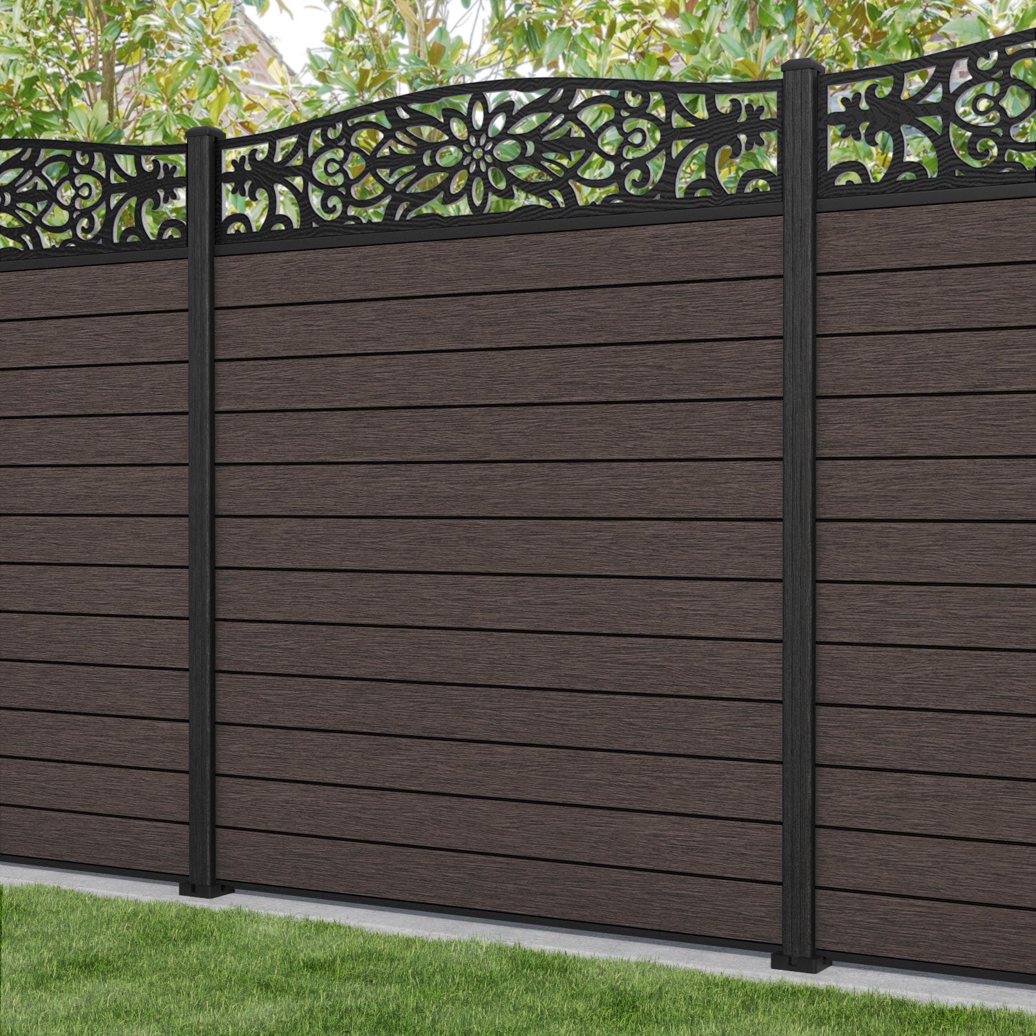 Fusion Windsor Curved Top Fence Panel - Mid Brown - with our composite posts