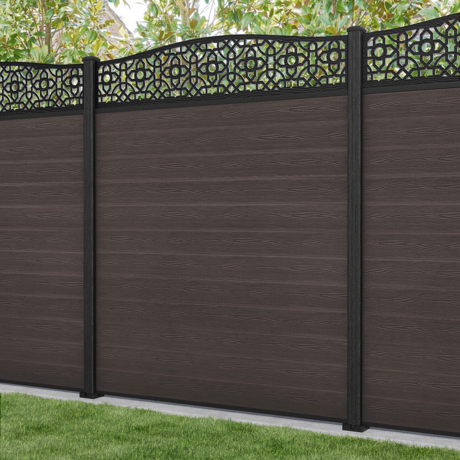 Classic Nabila Curved Top Fence Panel - Mid Brown - with our composite posts