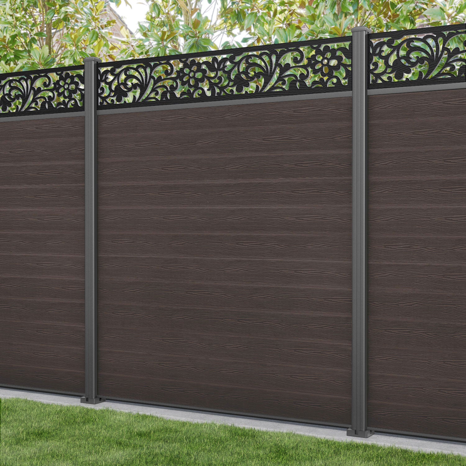 Classic Eden Fence Panel - Mid Brown - with our aluminium posts