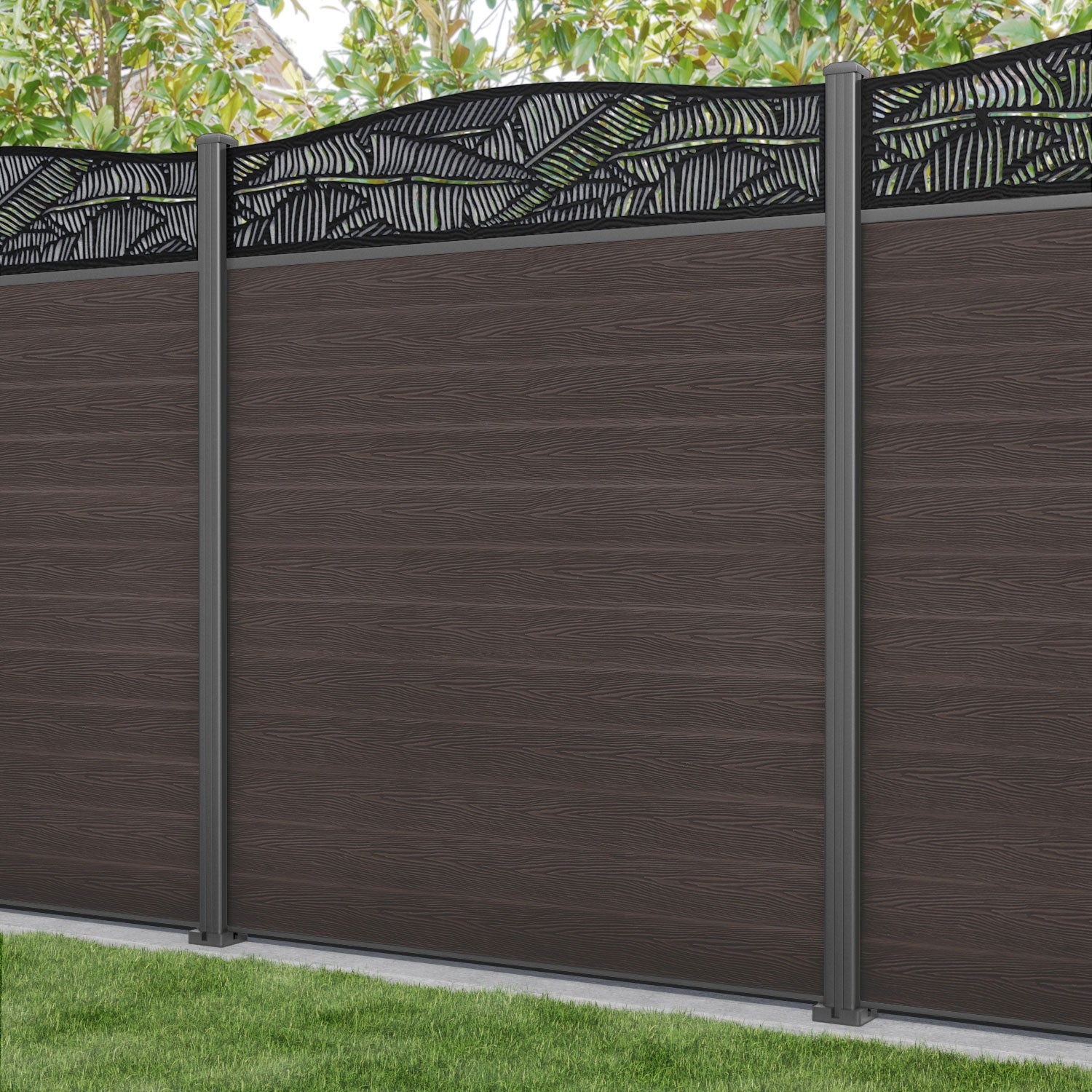 Classic Feather Curved Top Fence Panel - Mid Brown - with our aluminium posts