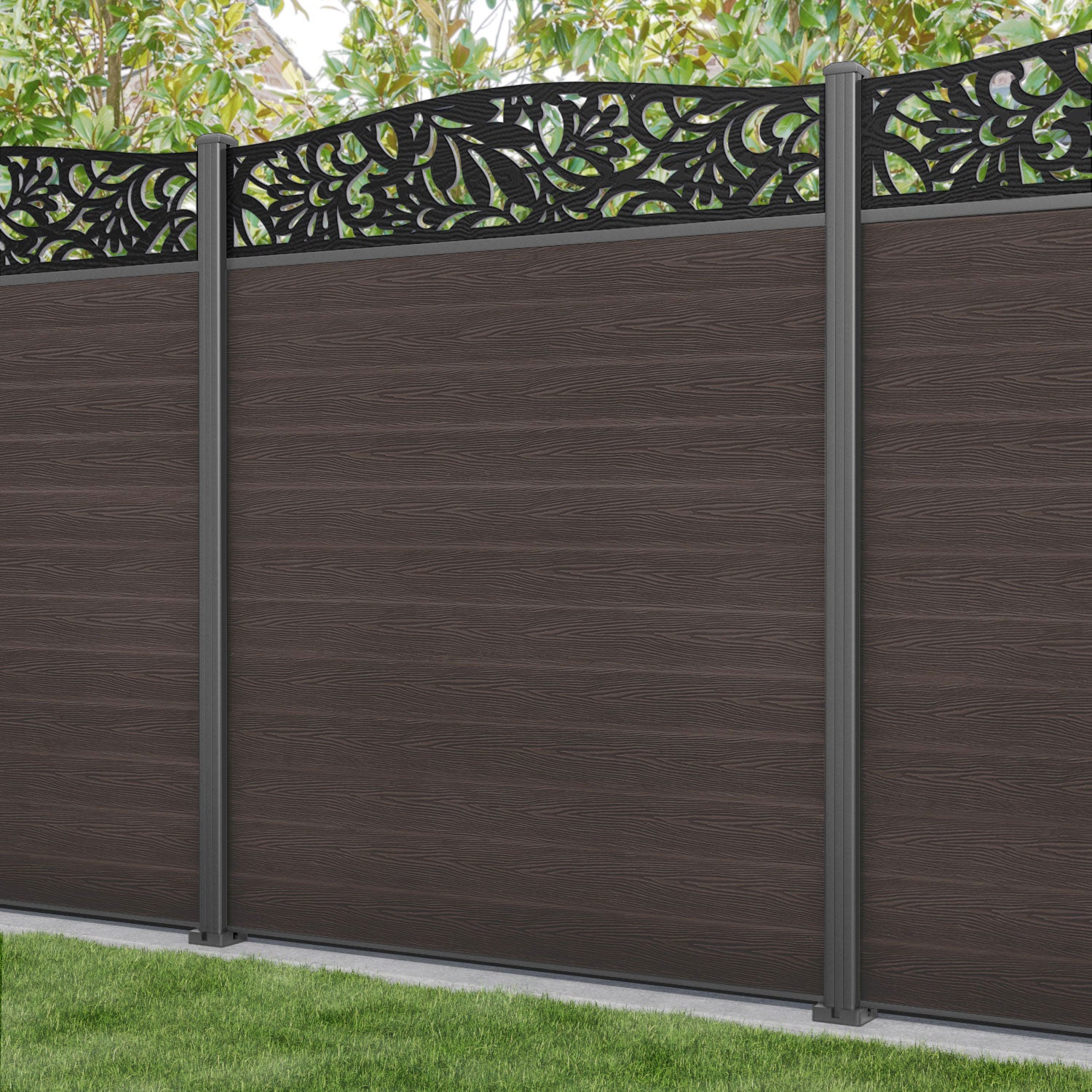 Classic Heritage Curved Top Fence Panel - Mid Brown - with our aluminium posts