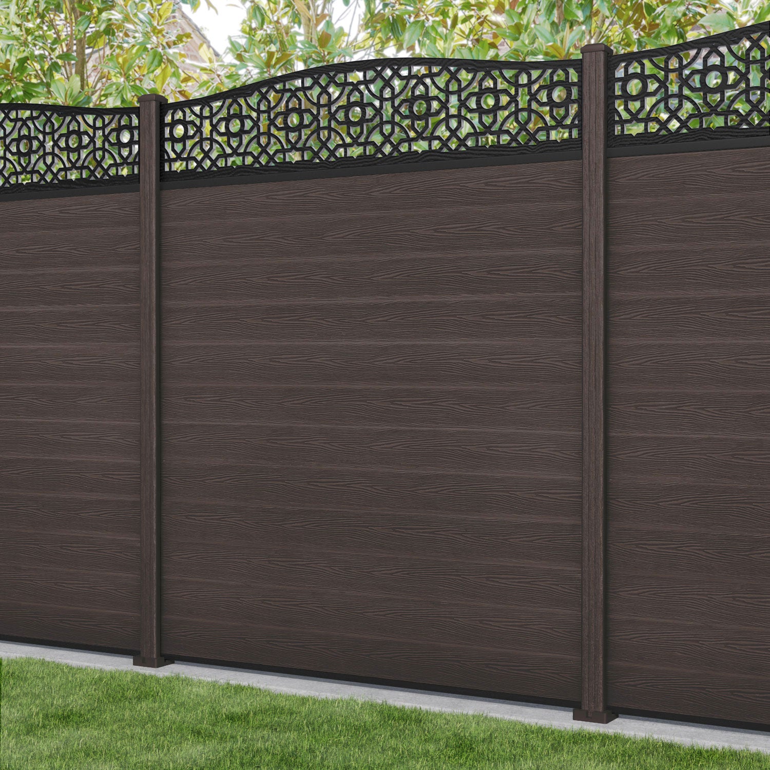 Classic Nabila Curved Top Fence Panel - Mid Brown - with our composite posts