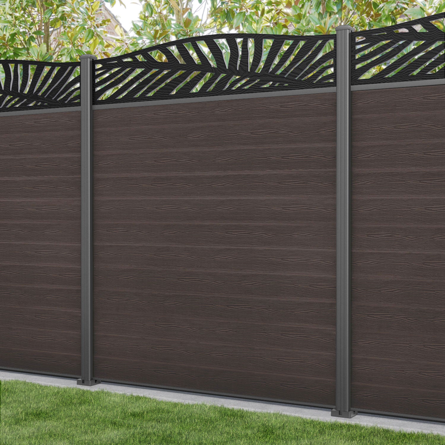 Classic Palm Curved Top Fence Panel - Mid Brown - with our aluminium posts