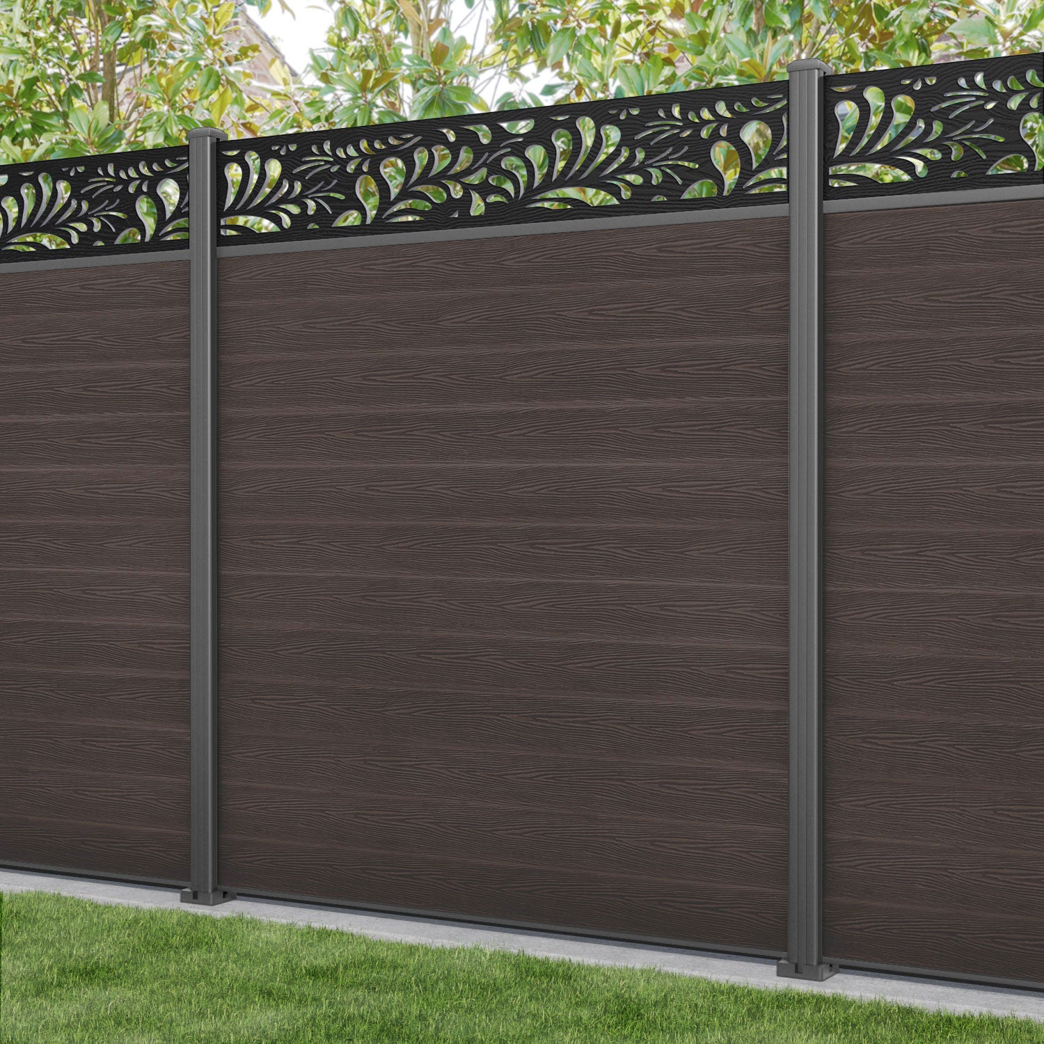 Classic Petal Fence Panel - Mid Brown - with our aluminium posts