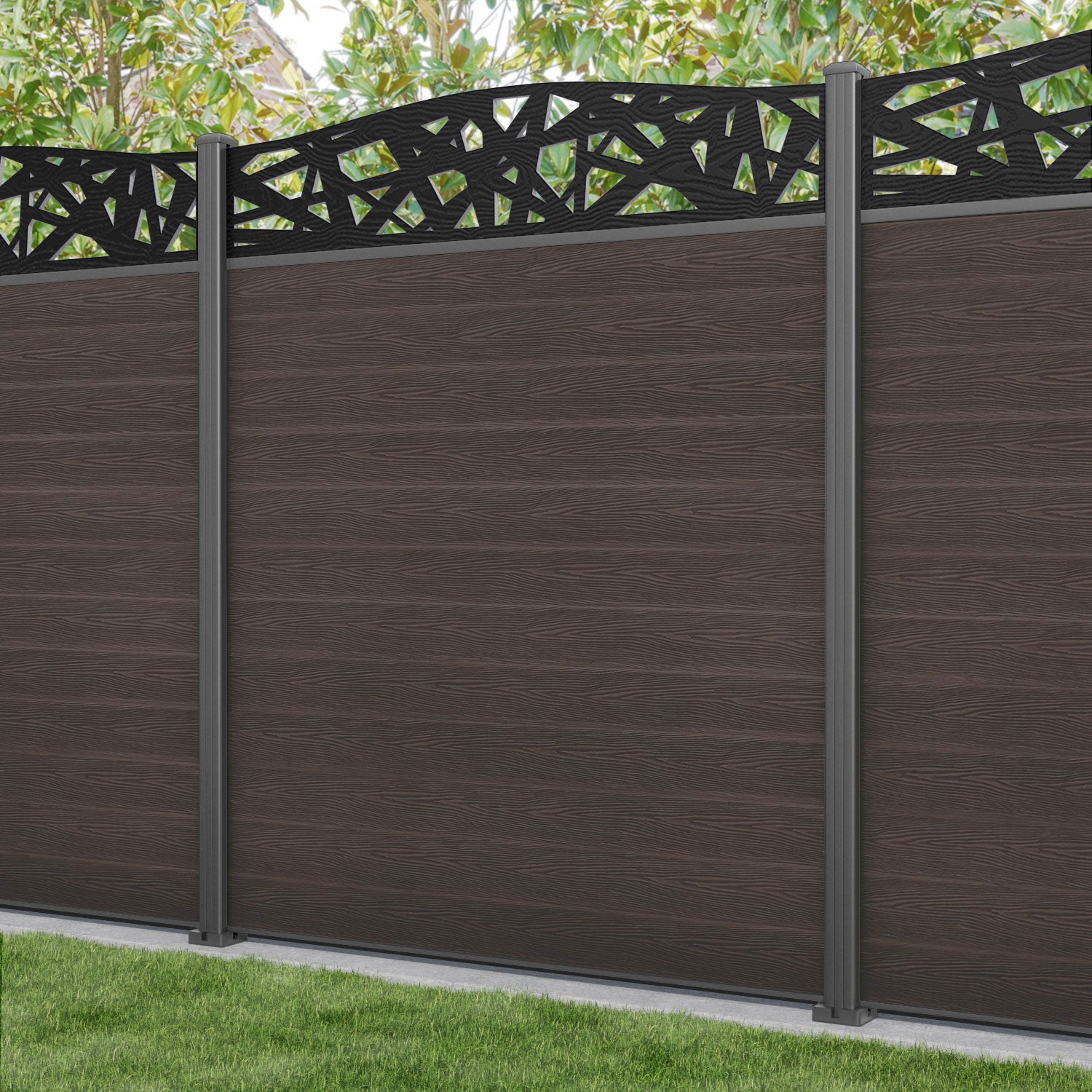 Classic Prism Curved Top Fence Panel - Mid Brown - with our aluminium posts