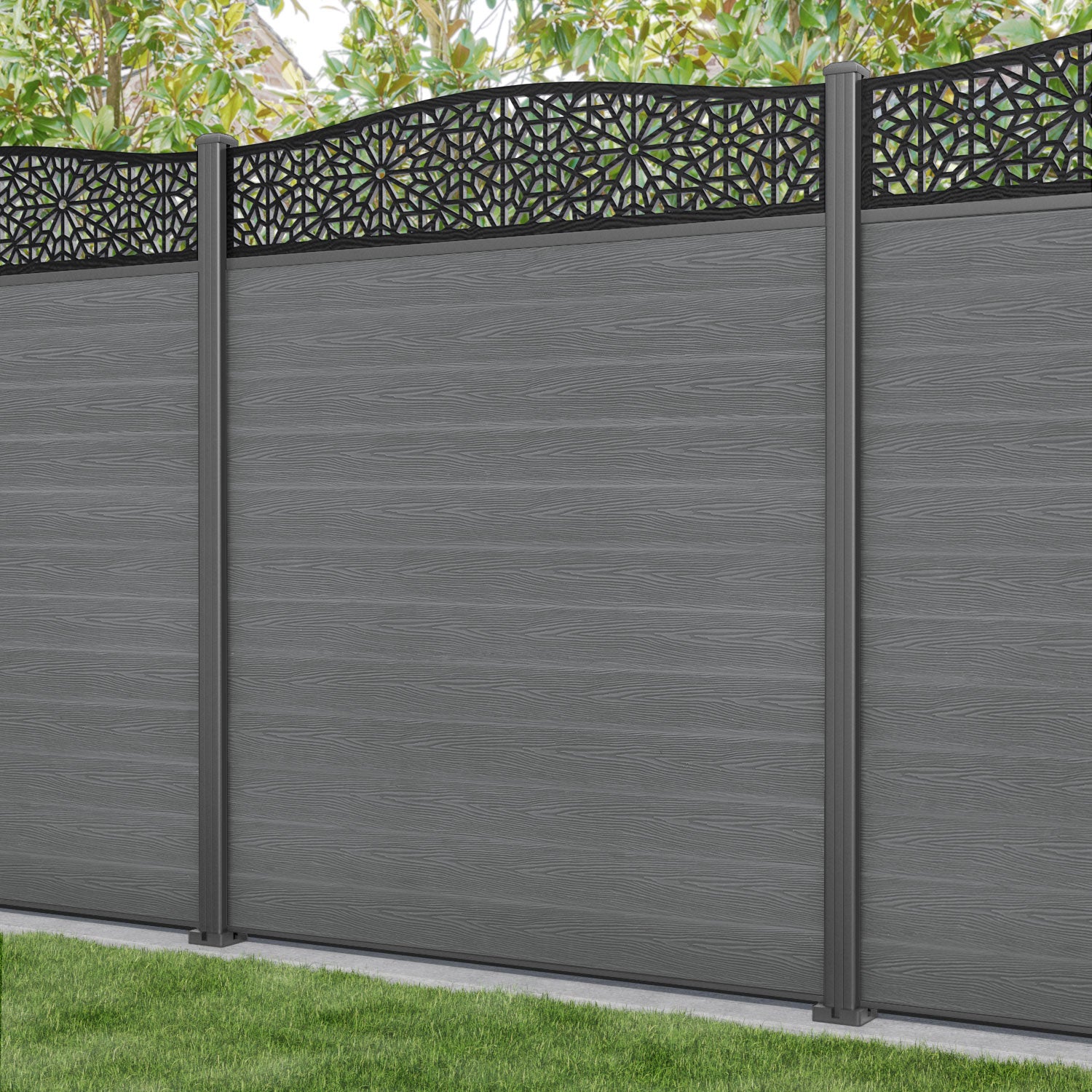 Classic Alnara Curved Top Fence Panel - Mid Grey - with our aluminium posts