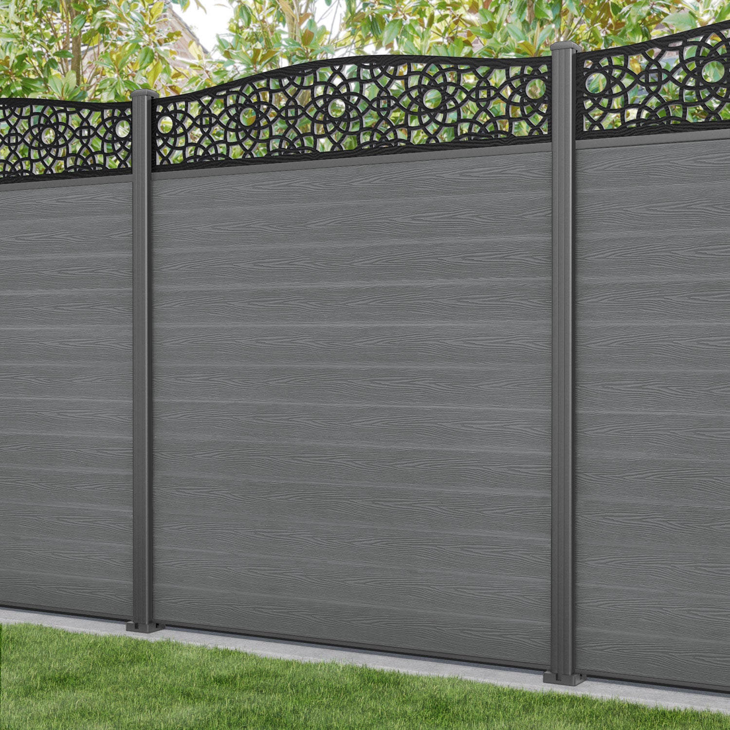 Classic Ambar Curved Top Fence Panel - Mid Grey - with our aluminium posts