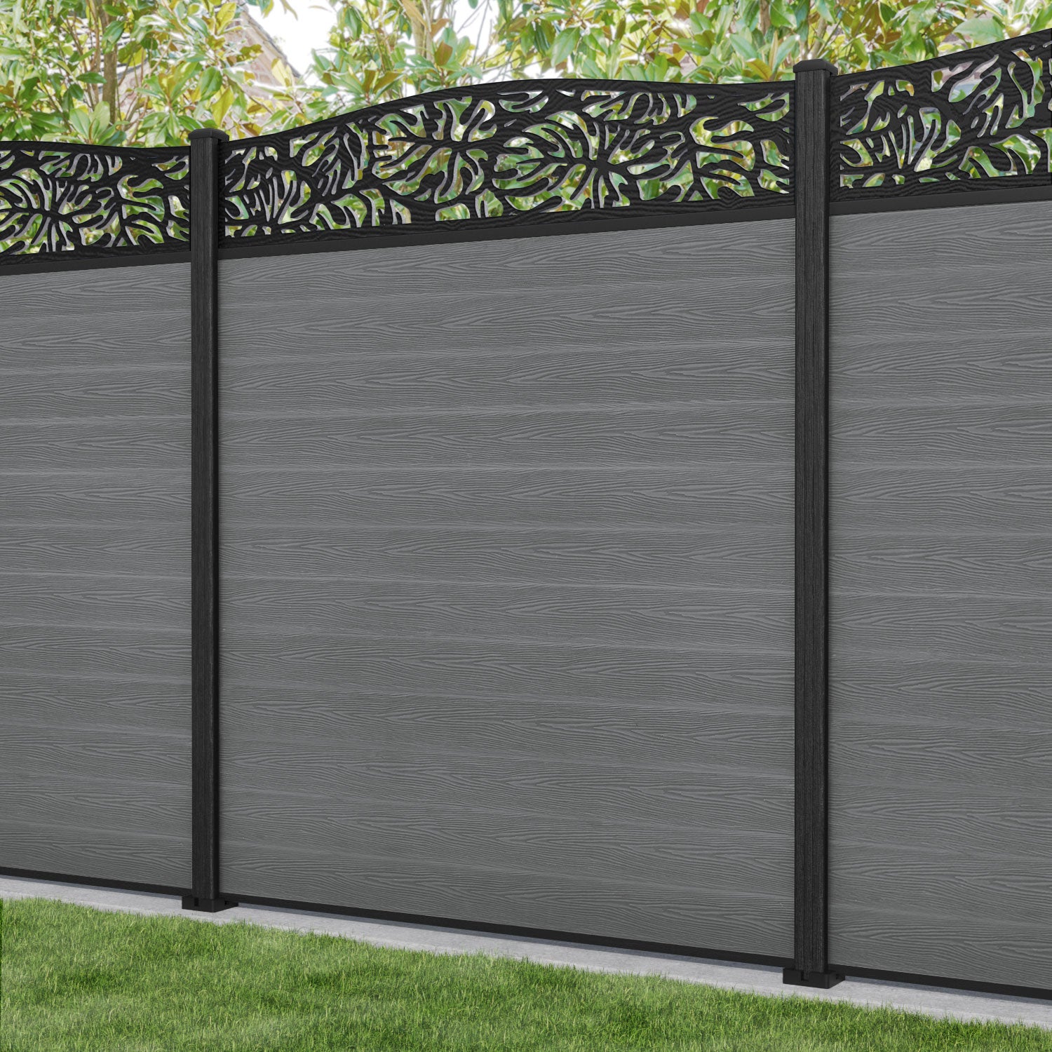 Classic Botanic Curved Top Fence Panel - Mid Grey - with our composite posts