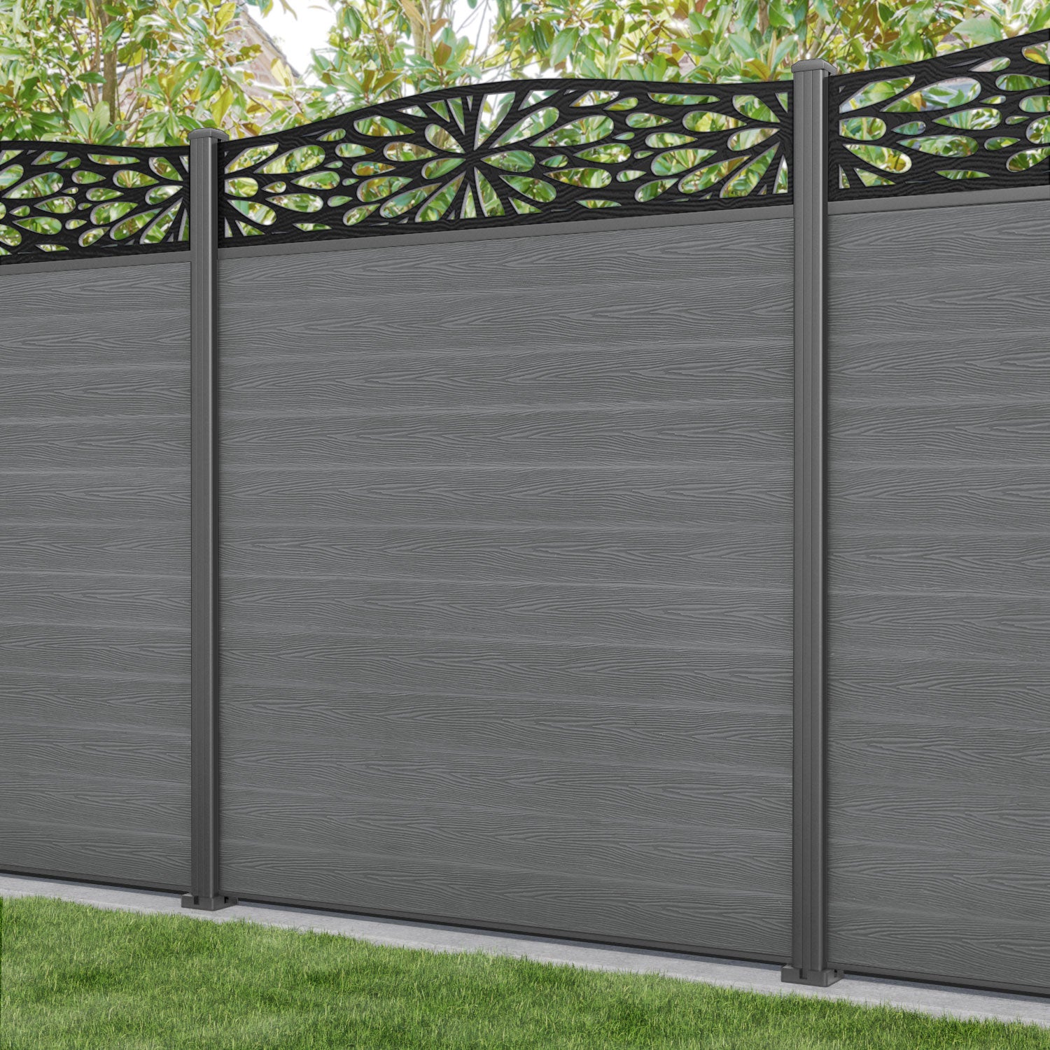 Classic Blossom Curved Top Fence Panel - Mid Grey - with our aluminium posts