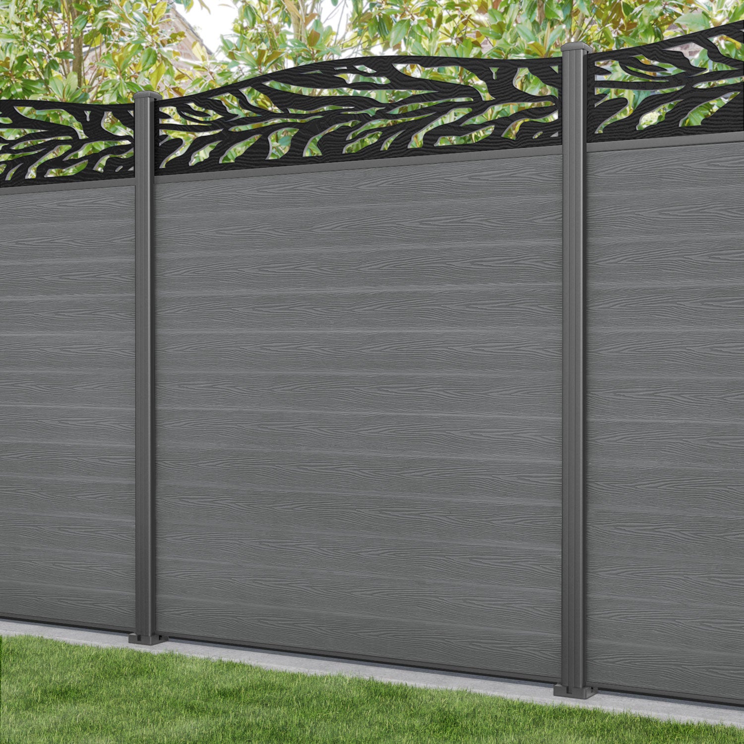 Classic Malawi Curved Top Fence Panel - Mid Grey - with our aluminium posts