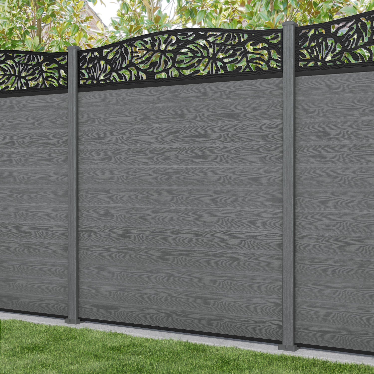 Classic Botanic Curved Top Fence Panel - Mid Grey - with our composite posts