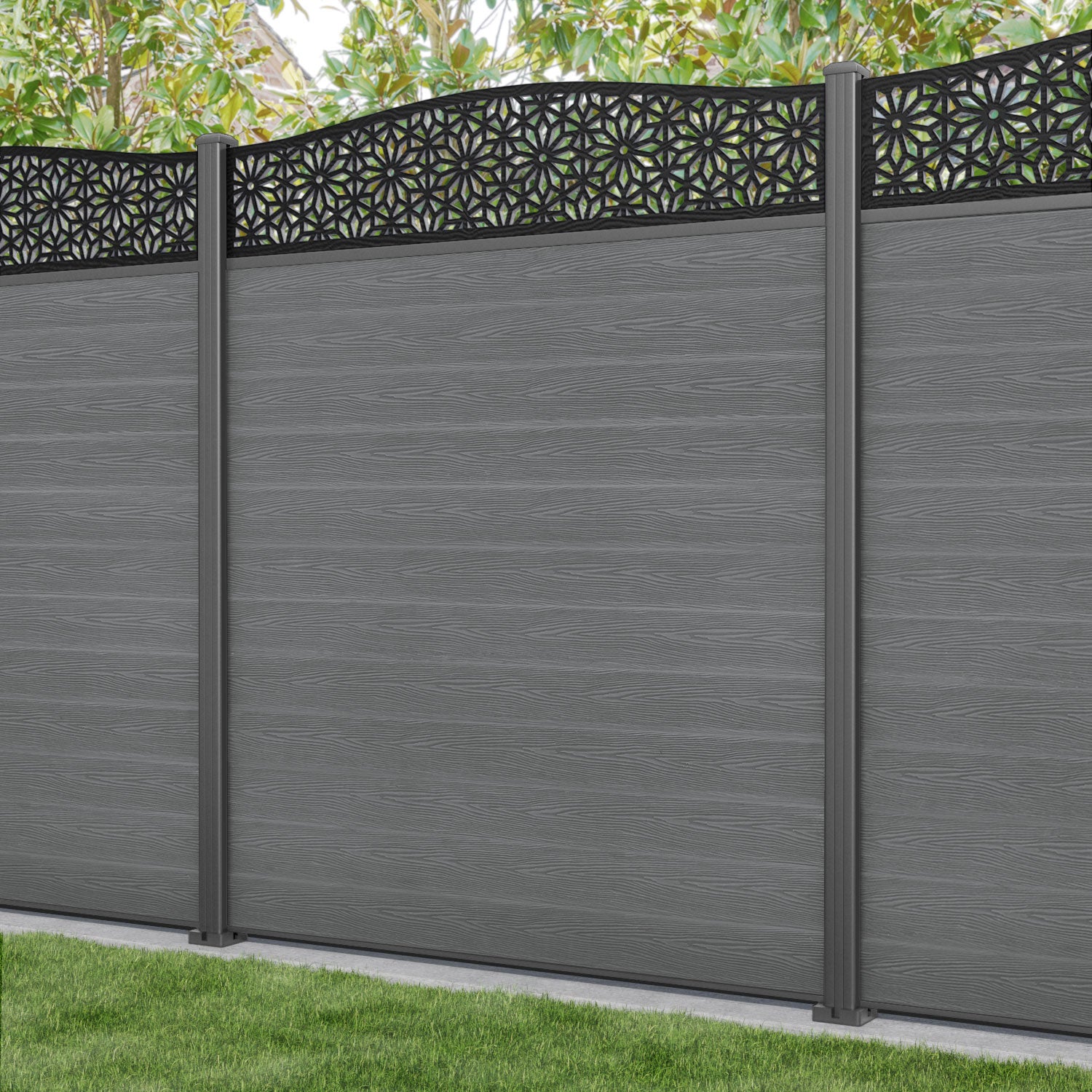 Classic Narwa Curved Top Fence Panel - Mid Grey - with our aluminium posts