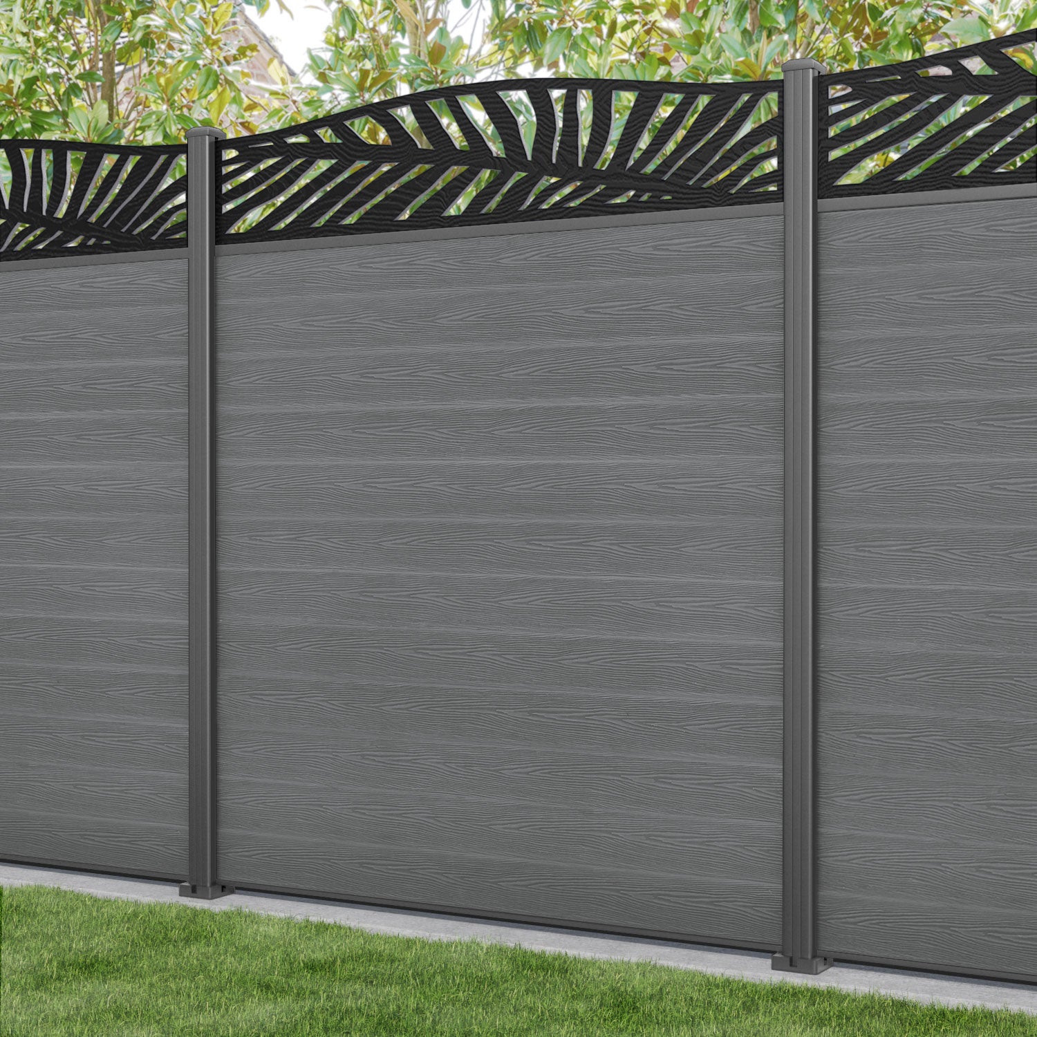 Classic Palm Curved Top Fence Panel - Mid Grey - with our aluminium posts