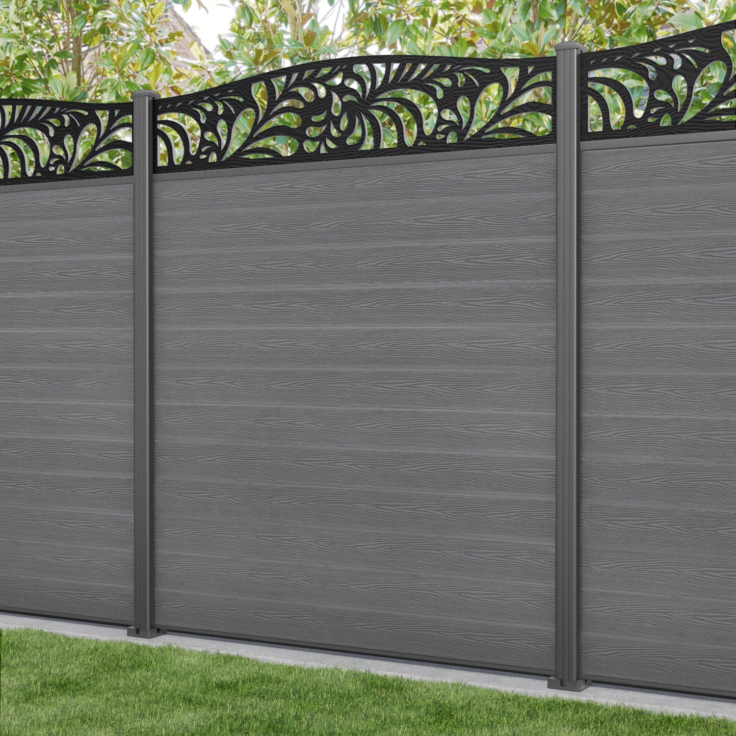 Classic Petal Curved Top Fence Panel - Mid Grey - with our aluminium posts