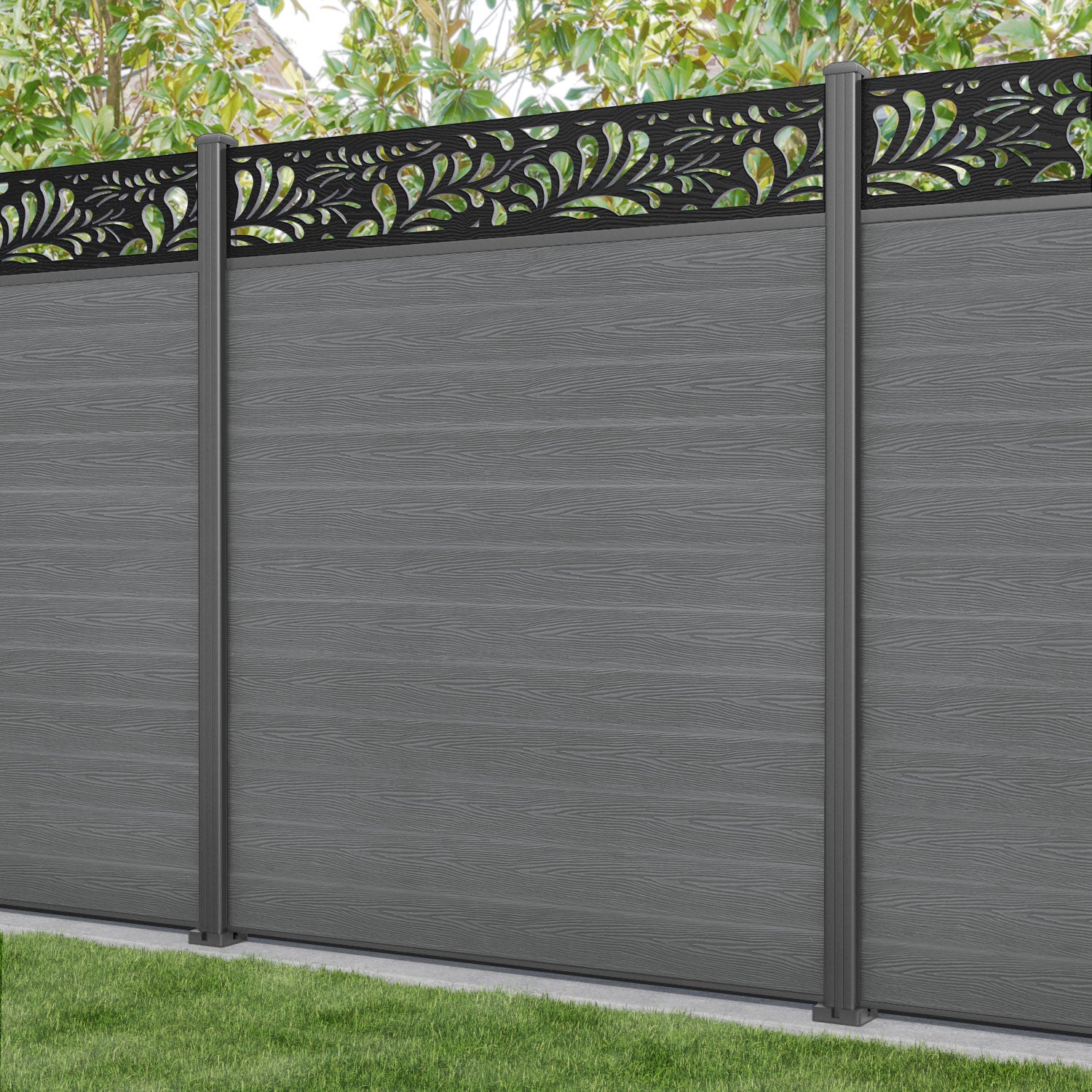 Classic Petal Fence Panel - Mid Grey - with our aluminium posts