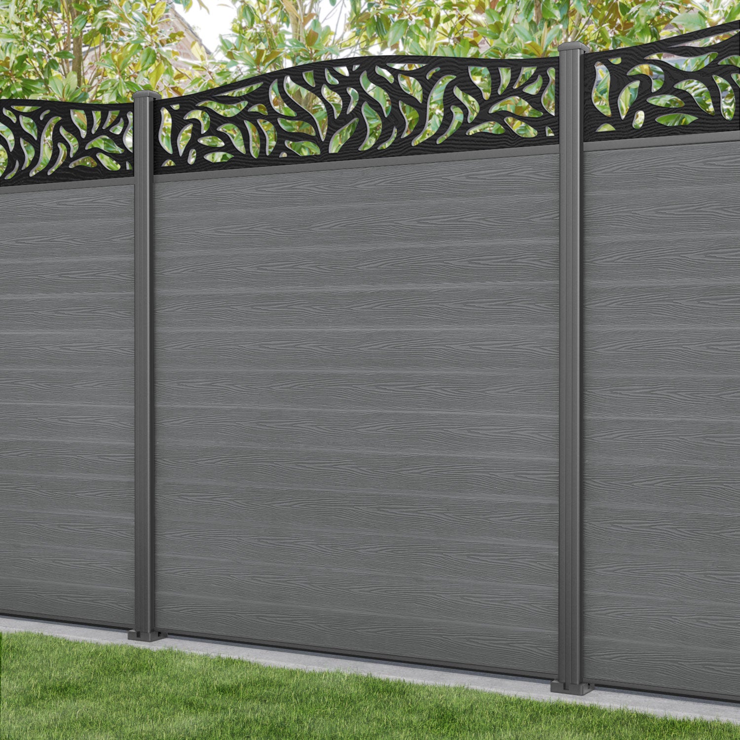 Classic Plume Curved Top Fence Panel - Mid Grey - with our aluminium posts