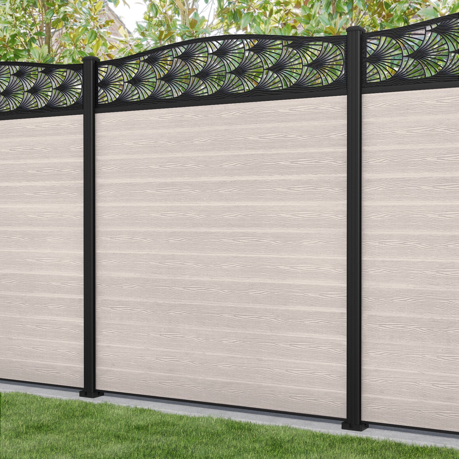 Classic Laurel Curved Top Fence Panel - Mid Stone - with our aluminium posts