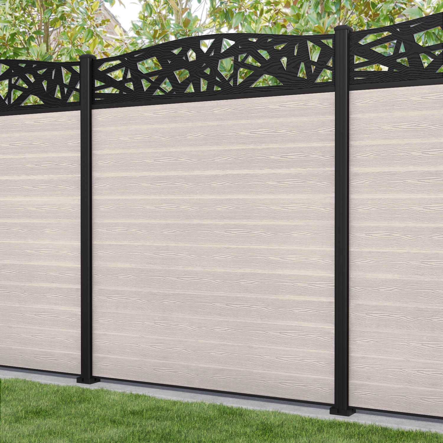 Classic Prism Curved Top Fence Panel - Mid Stone - with our aluminium posts