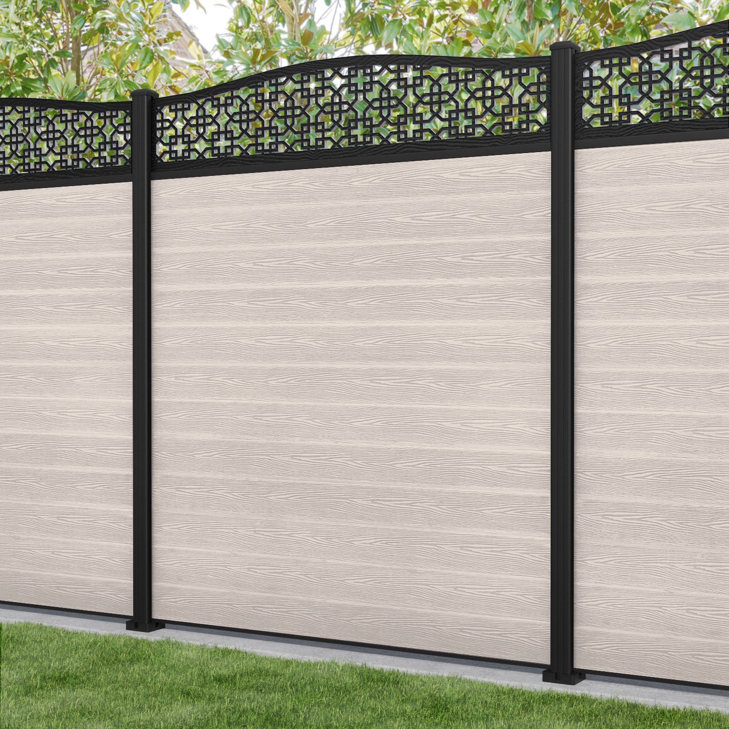 Classic Zaria Curved Top Fence Panel - Mid Stone - with our aluminium posts