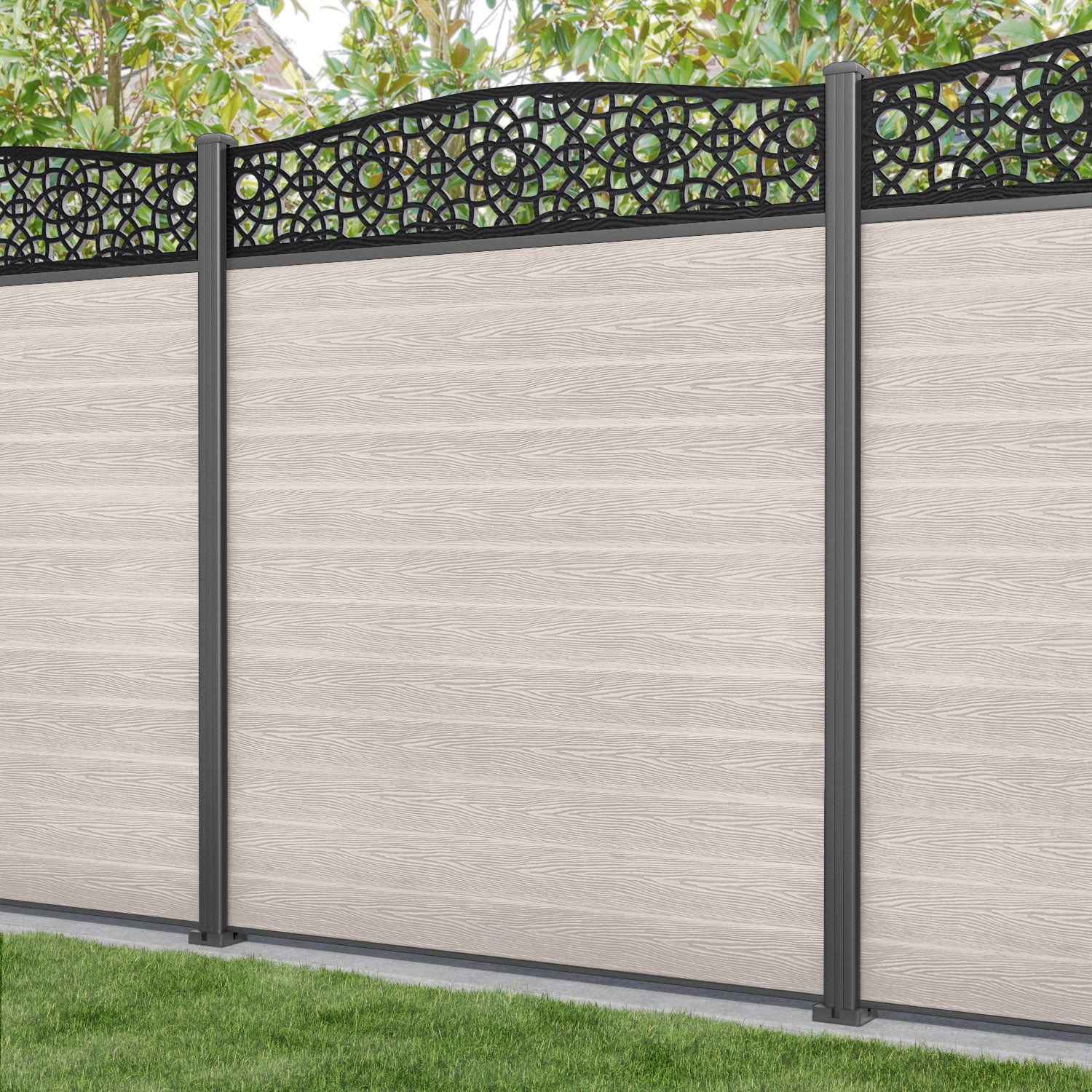 Classic Ambar Curved Top Fence Panel - Mid Stone - with our aluminium posts