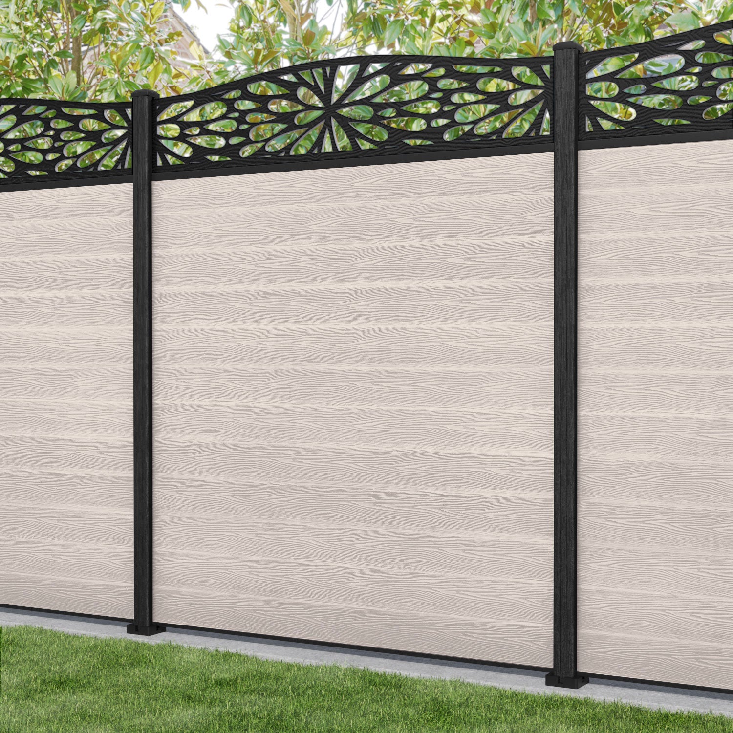 Classic Blossom Curved Top Fence Panel - Mid Stone - with our composite posts