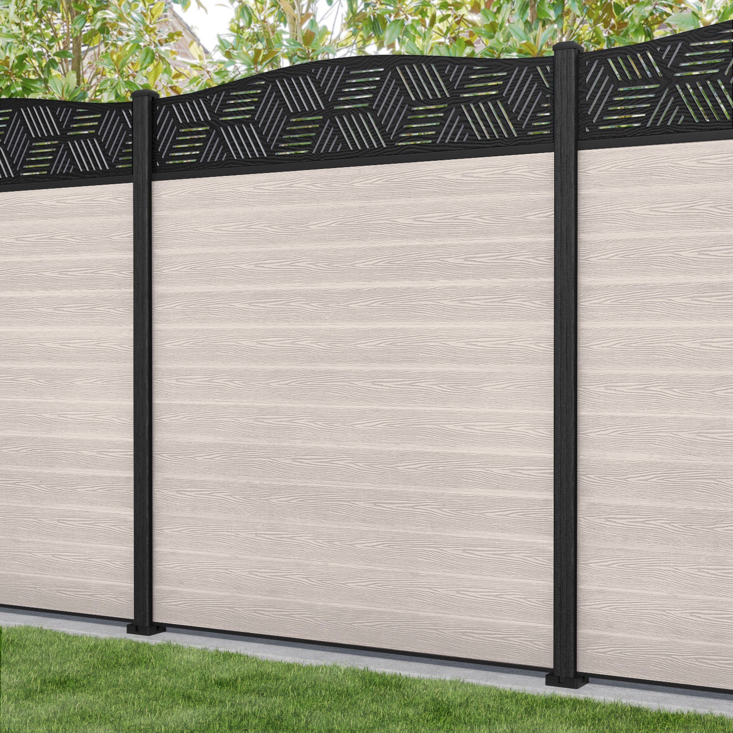 Classic Cubed Curved Top Fence Panel - Mid Stone - with our composite posts