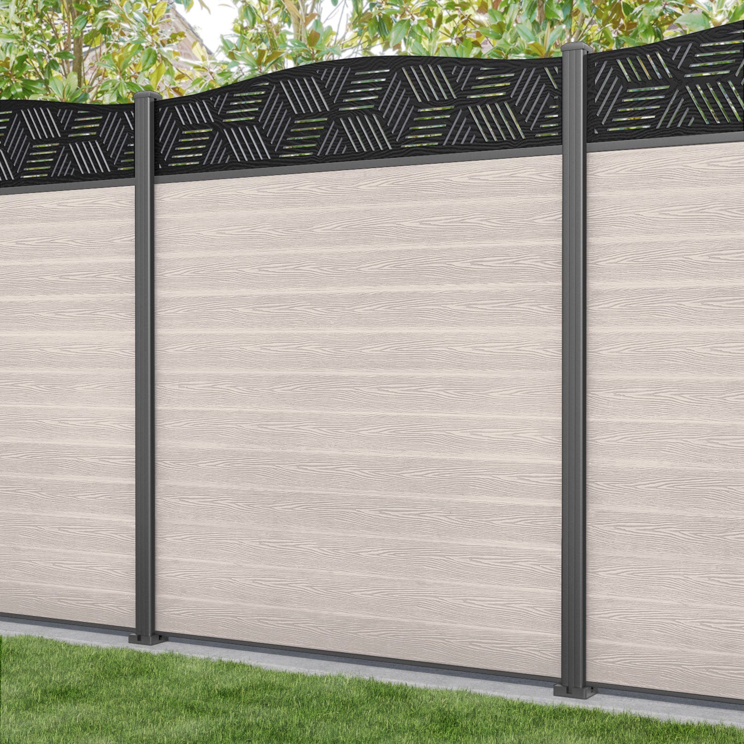 Classic Cubed Curved Top Fence Panel - Mid Stone - with our aluminium posts