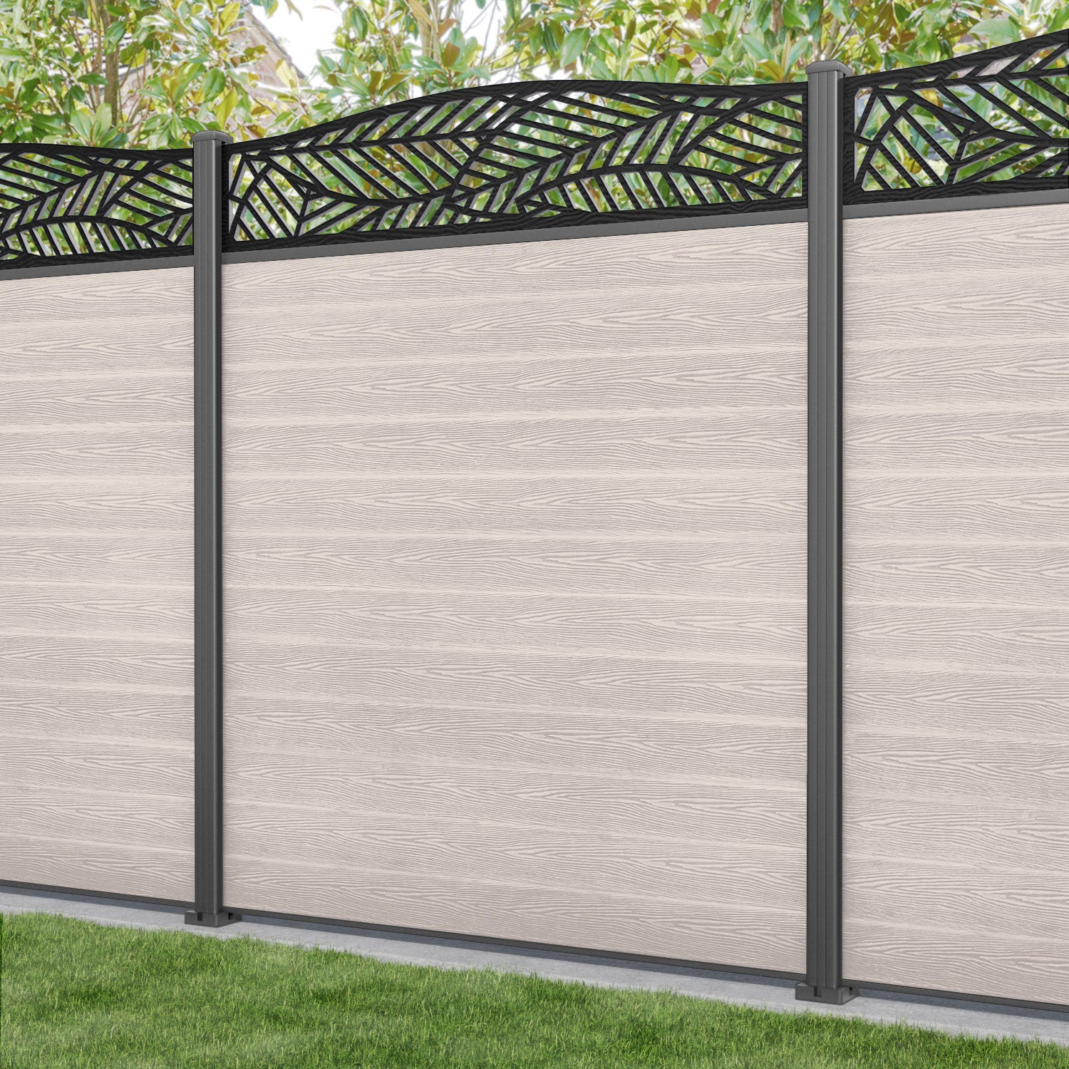 Classic Habitat Curved Top Fence Panel - Mid Stone - with our aluminium posts